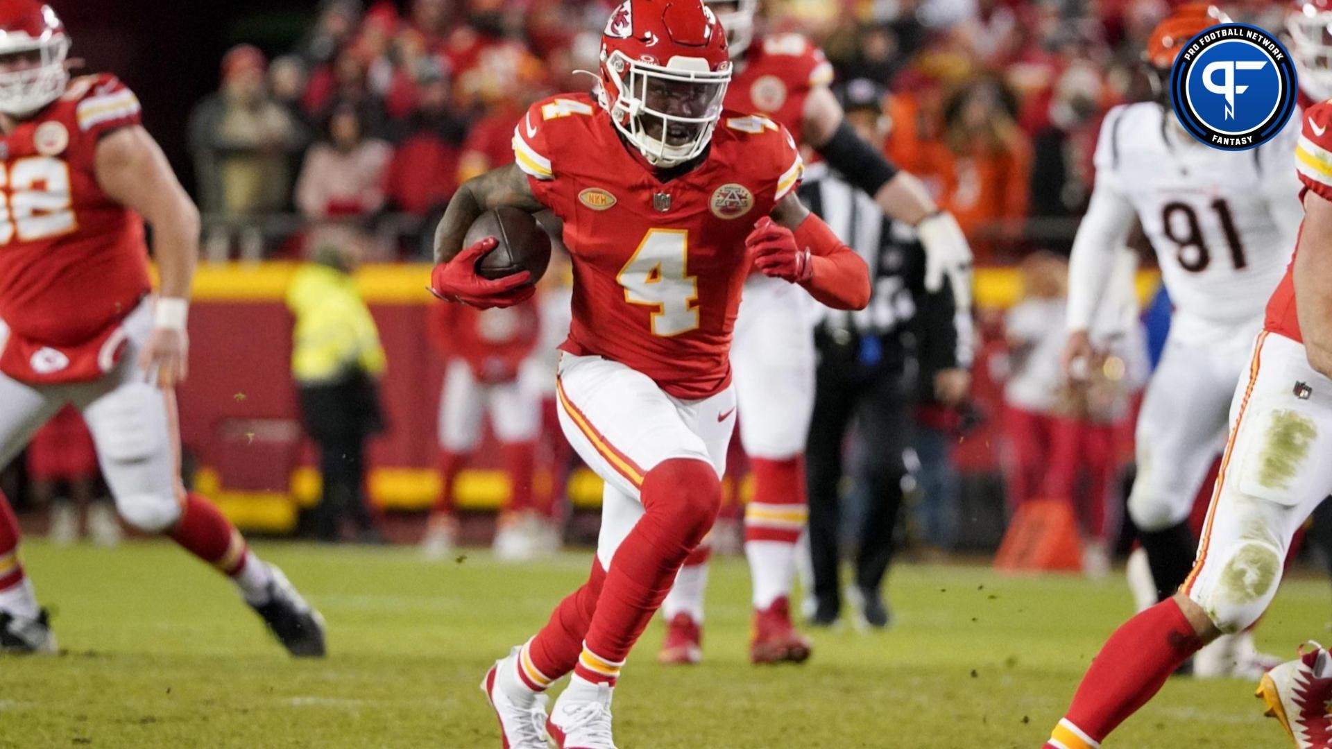 Kansas City Chiefs WR Rashee Rice (4) runs after the catch against the Cincinnati Bengals.