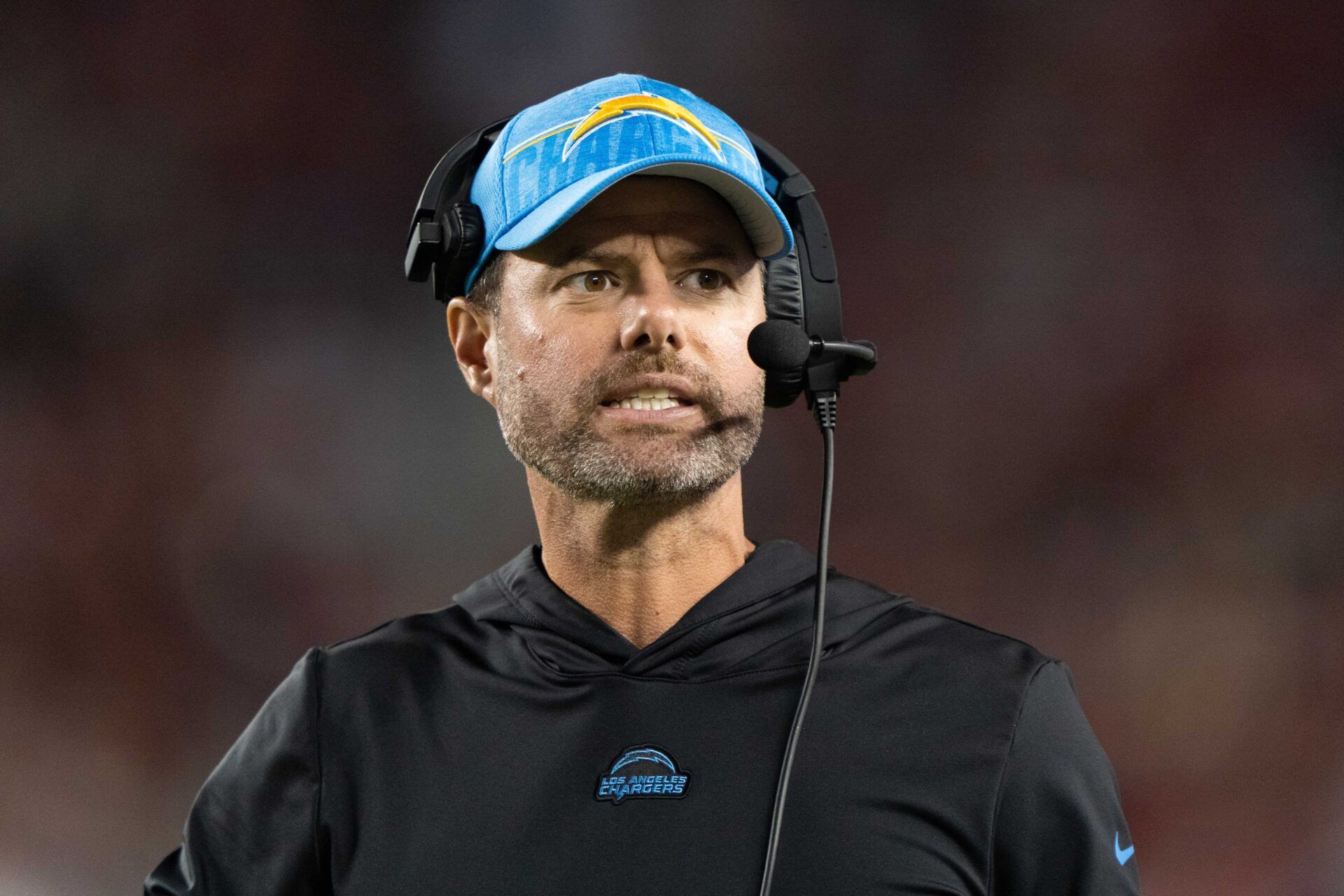 Los Angeles Chargers head coach Brandon Staley reacts during the fourth quarter against the San Francisco 49ers.