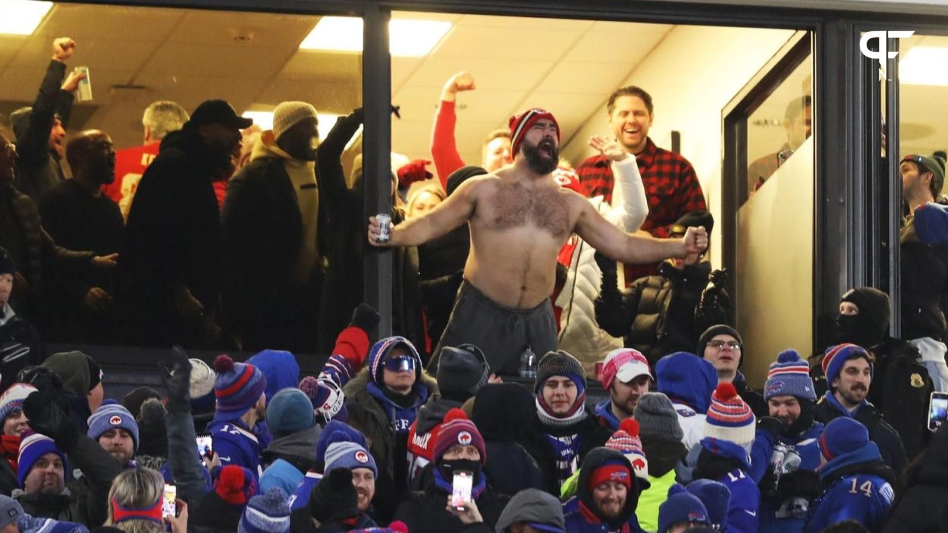 Philadelphia Eagles Jason Kelce cheers after his brother, Kansas City Chiefs' Travis Kelce scores a touchdown.