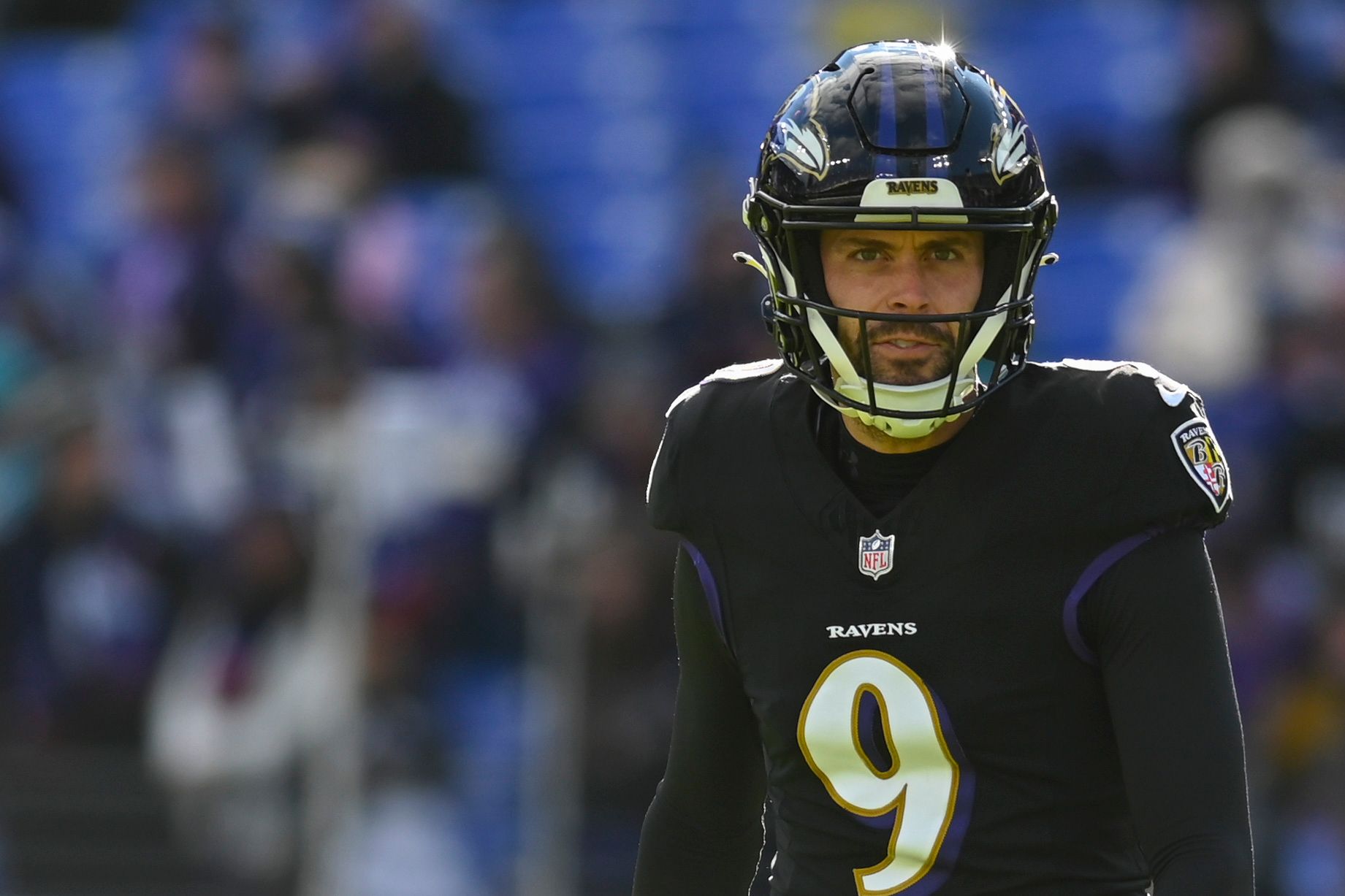 Baltimore Ravens place kicker Justin Tucker (9) on the field before the game against the Miami Dolphins at M&T Bank Stadium.