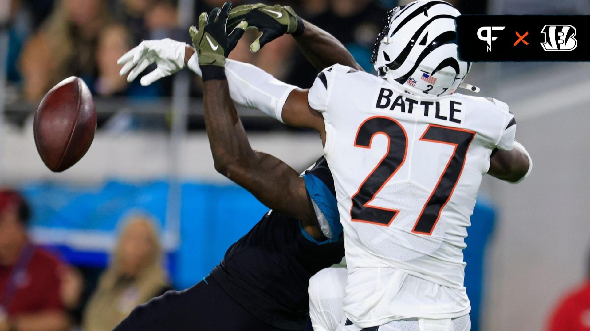 Jacksonville Jaguars wide receiver Calvin Ridley (0) has a pass batted down by Cincinnati Bengals safety Jordan Battle (27).