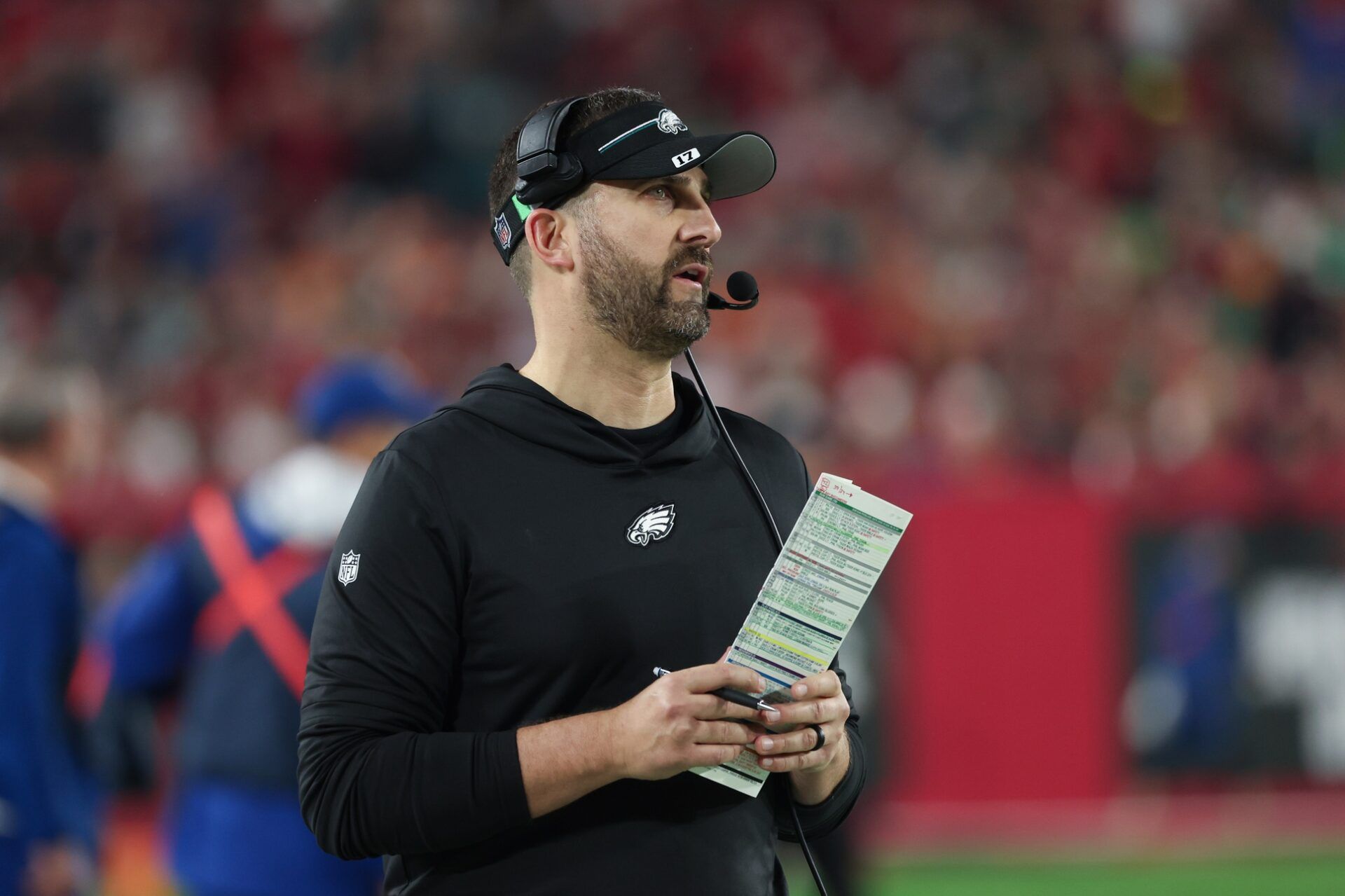 Philadelphia Eagles head coach Nick Sirianni looks on during the second half of a 2024 NFC wild card game against the Tampa Bay Buccaneers at Raymond James Stadium.