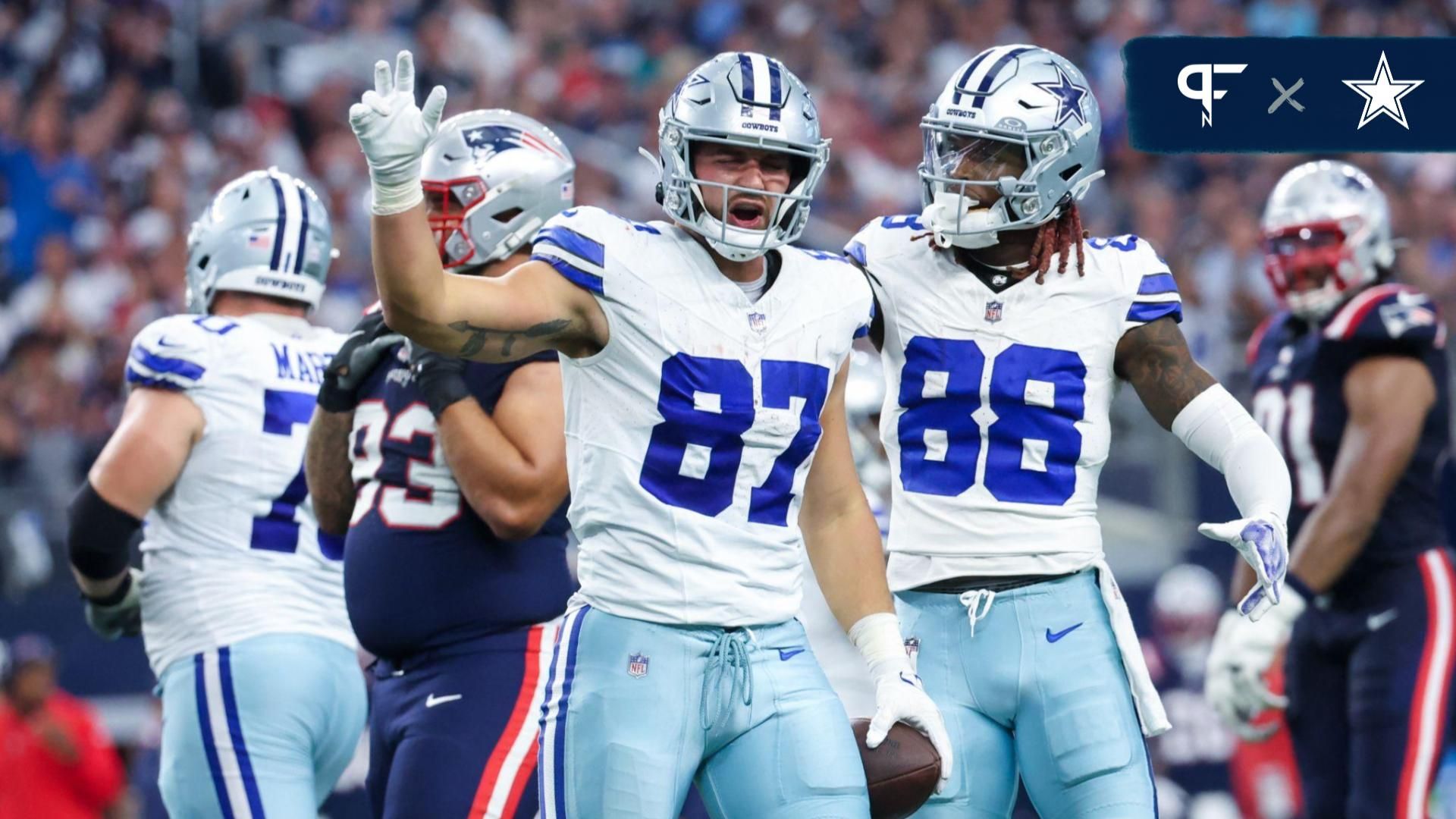 Dallas Cowboys tight end Jake Ferguson (87) reacts after a catch during the first half against the New England Patriots at AT&T Stadium.