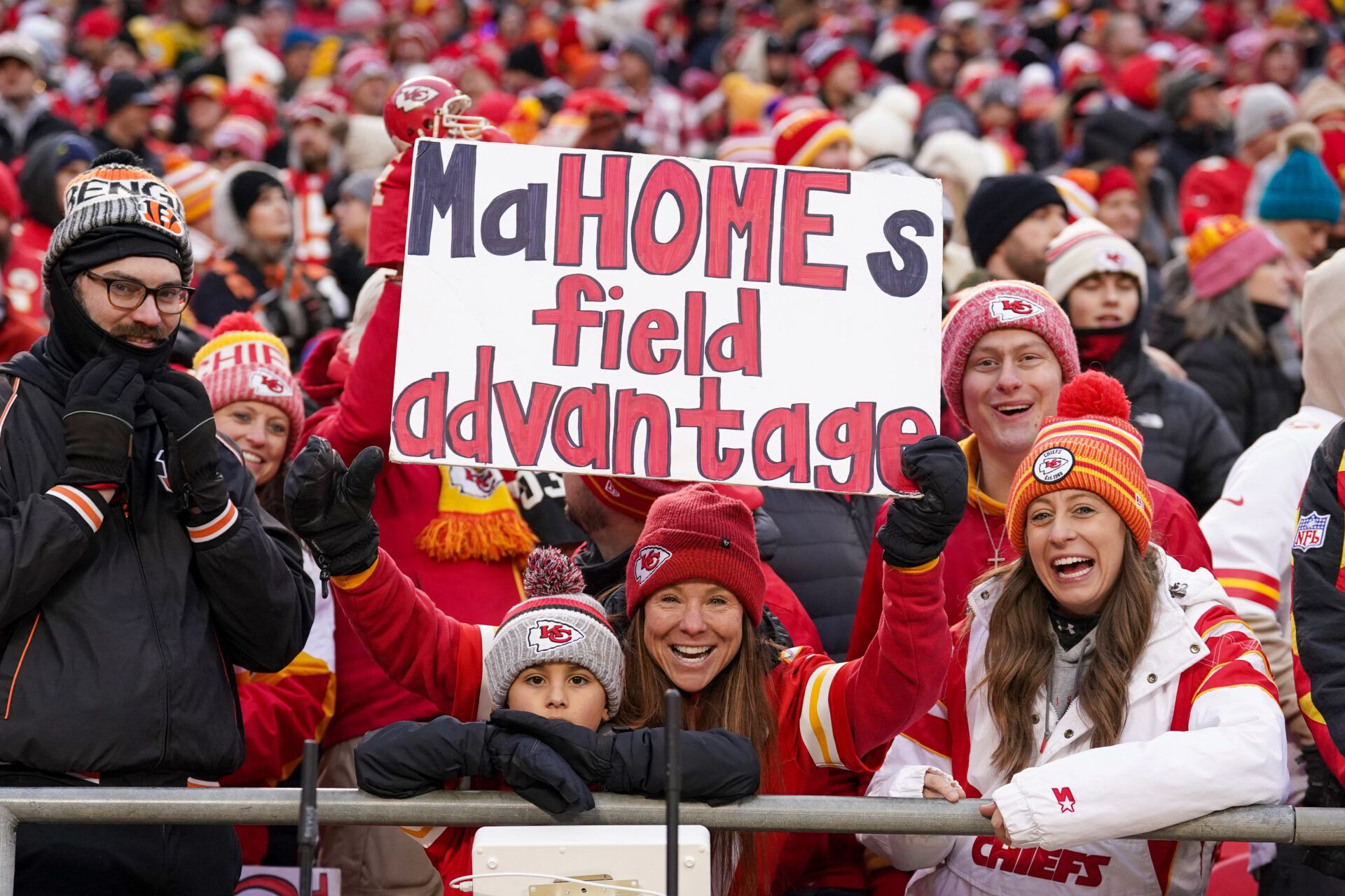 Kansas City Chiefs fans show support against the Cincinnati Bengals during the first half at GEHA Field at Arrowhead Stadium.