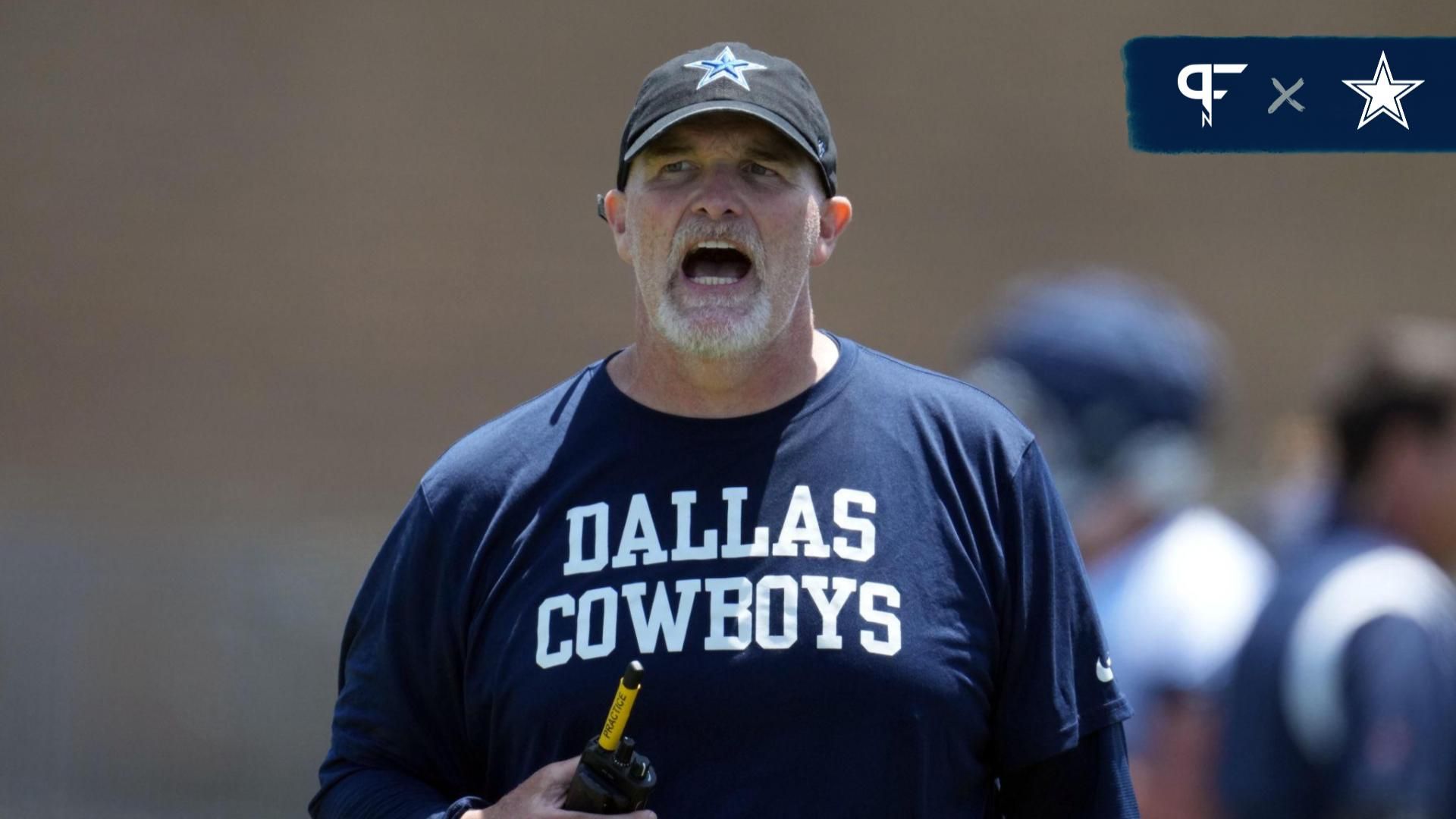 Dallas Cowboys defensive coordinator Dan Quinn reacts during training camp at the River Ridge Fields.