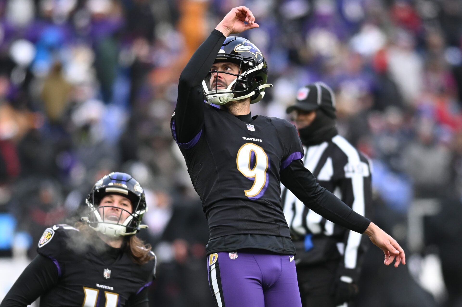 Baltimore Ravens place kicker Justin Tucker (9) reacts after making a field goal during the second half against the Atlanta Falcons at M&T Bank Stadium.