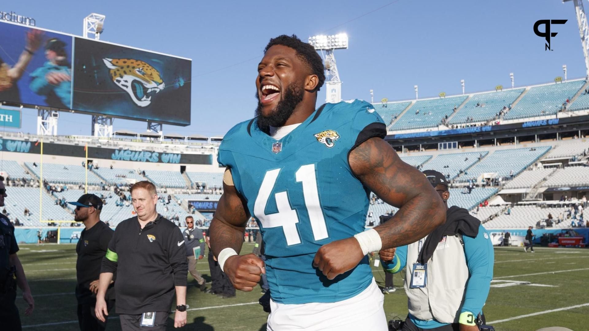 Jacksonville Jaguars outside linebacker Josh Allen (41) celebrates the win against the Carolina Panthers at EverBank Stadium.