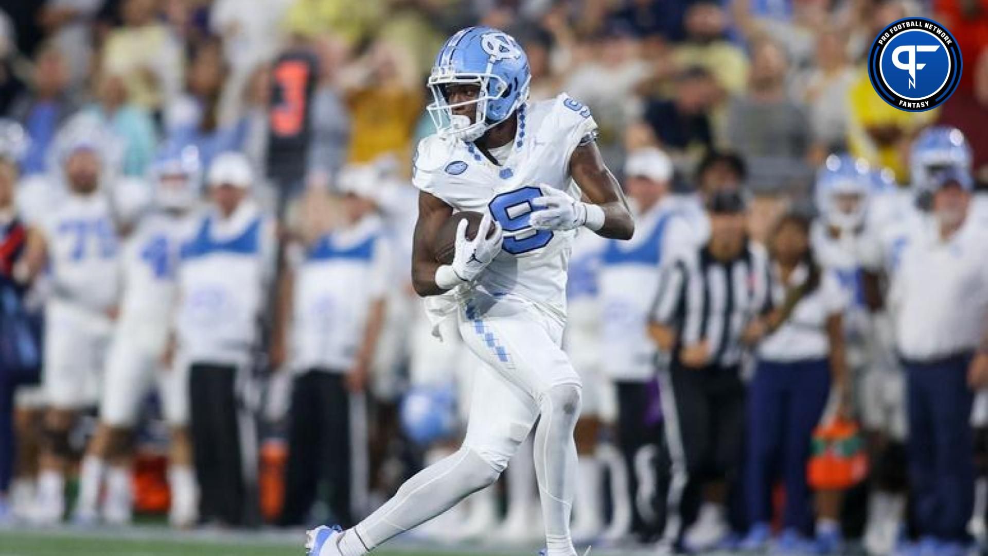 North Carolina Tar Heels wide receiver Devontez Walker (9) catches a pass against the Georgia Tech Yellow Jackets in the second half at Bobby Dodd Stadium at Hyundai Field.