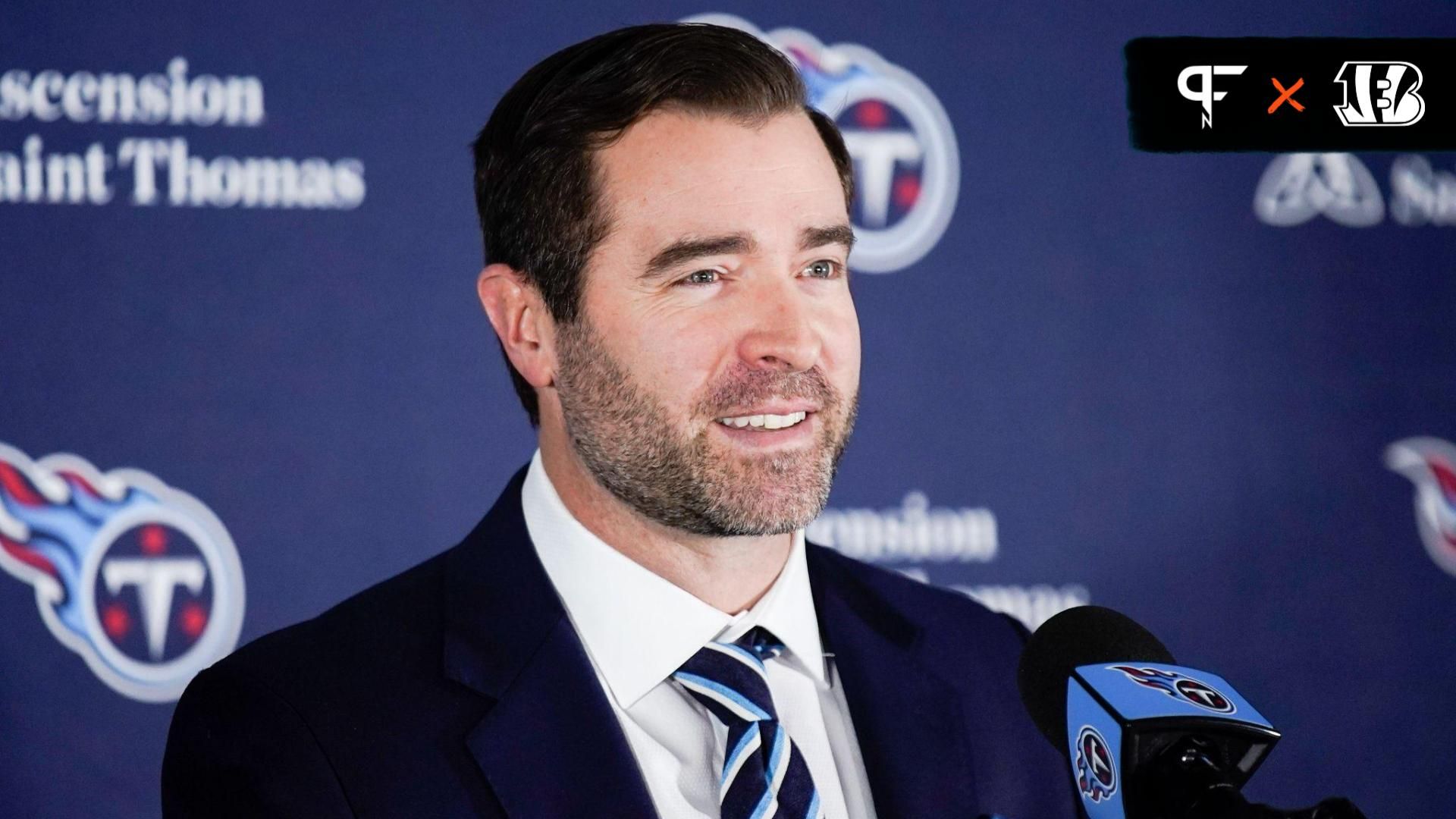 Brian Callahan speaks during a press conference after being hired as the Tennessee Titans new head coach at Ascension Saint Thomas Sports Park