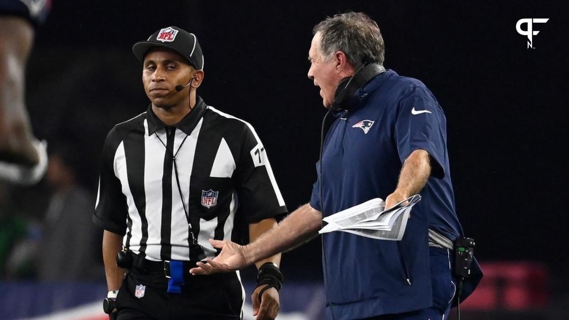 New England Patriots head coach Bill Belichick talks to an official during the second half against the Houston Texans at Gillette Stadium.