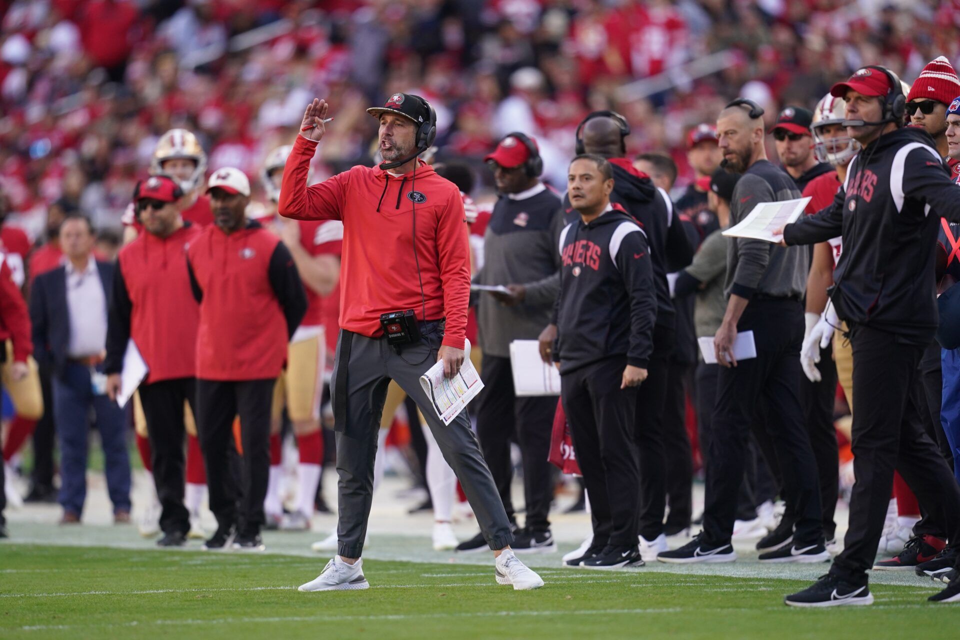 San Francisco 49ers head coach Kyle Shanahan reacts to a penalty against the 49ers in the second quarter against the New Orleans Saints at Levi's Stadium.