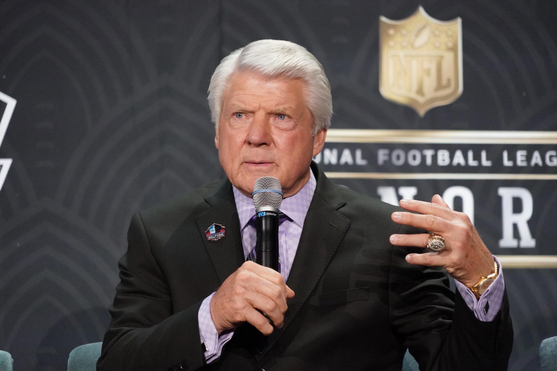 Hall of Fame inductee Jimmy Johnson speaks to the media during the NFL Honors awards presentation at Adrienne Arsht Center.