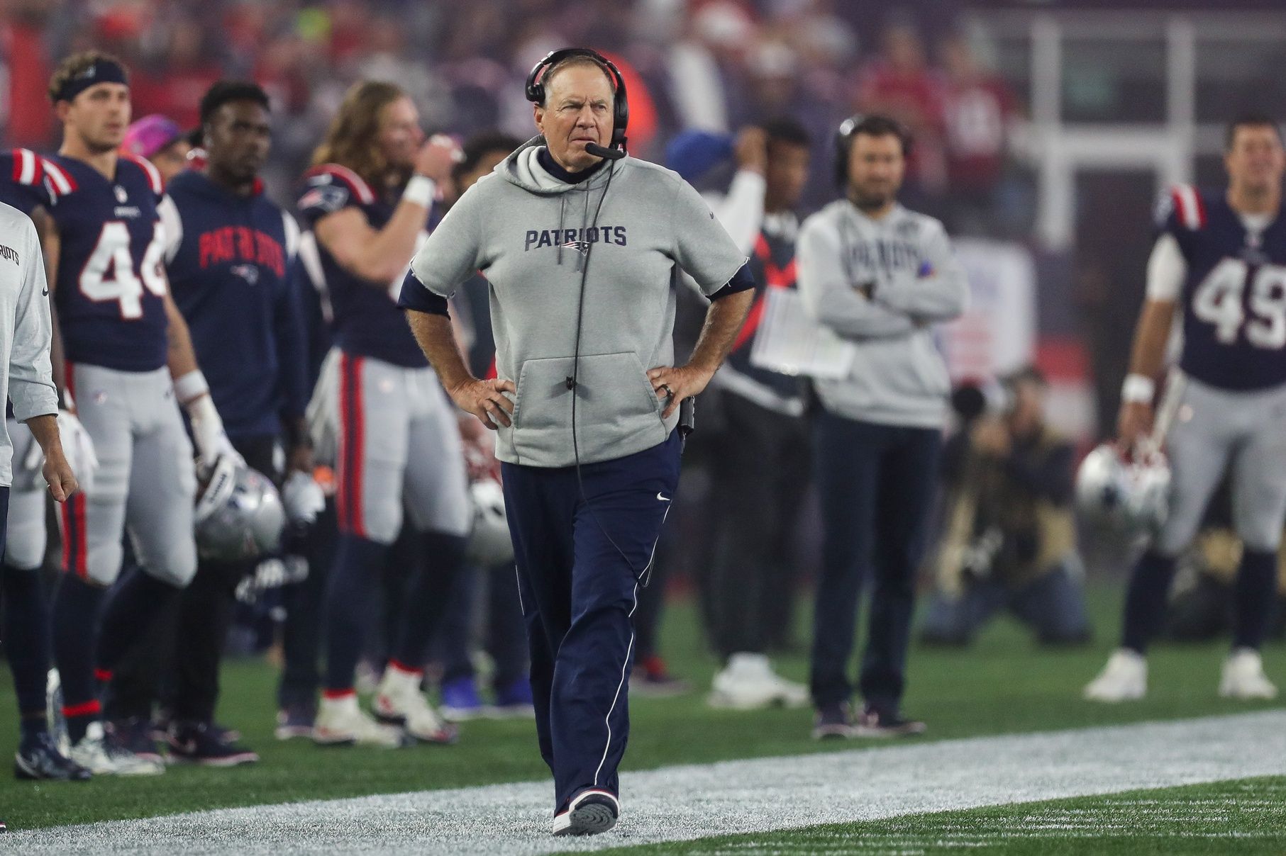 New England Patriots head coach Bill Belichick reacts during the first half against the Chicago Bears at Gillette Stadium.