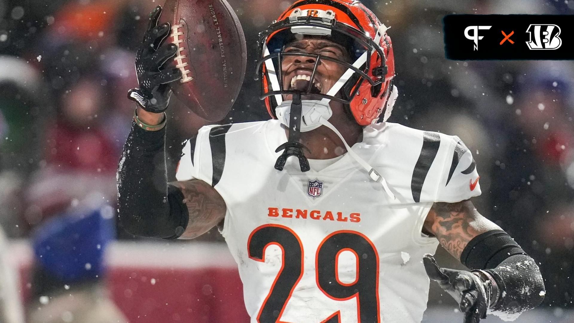 Cincinnati Bengals CB Cam Taylor-Britt (29) celebrates after intercepting a pass.