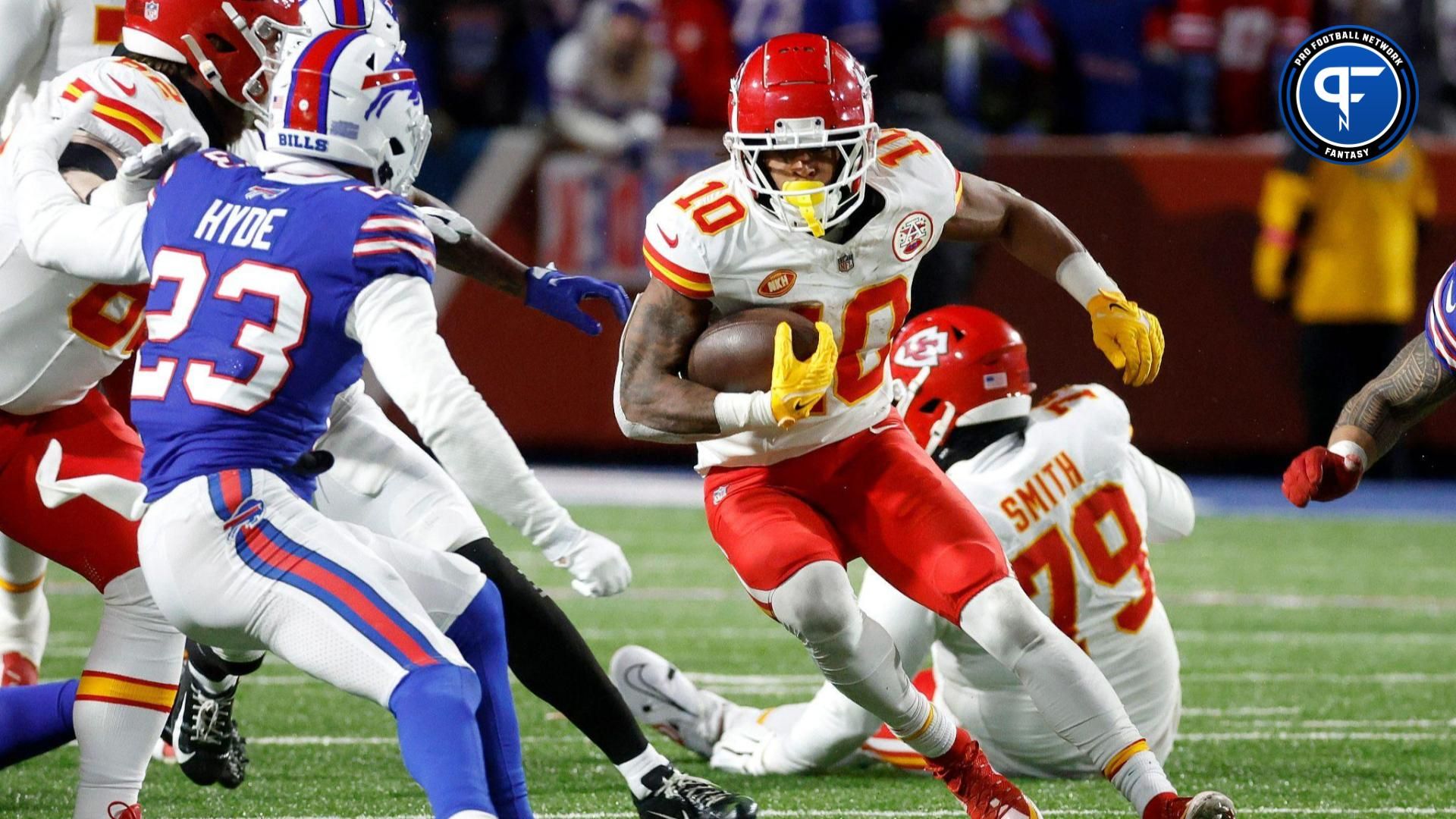 Kansas City Chiefs running back Isiah Pacheco (10) cuts back for a short gain.