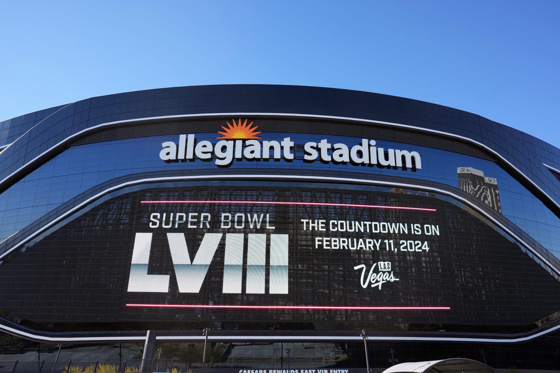 A message promoting Super Bowl LVIII on Feb. 11, 2024 is seen on the Allegiant Stadium video marquee sign board.