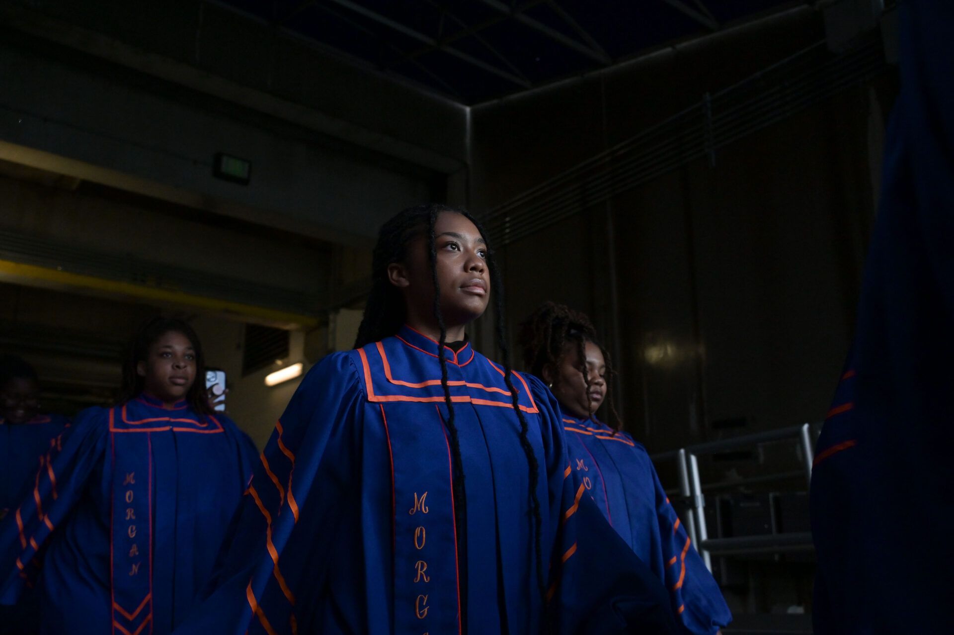 Members of the Morgan State choir stands in the tunnel before the game between the Baltimore Ravens and the Indianapolis Colts at M&T Bank Stadium.