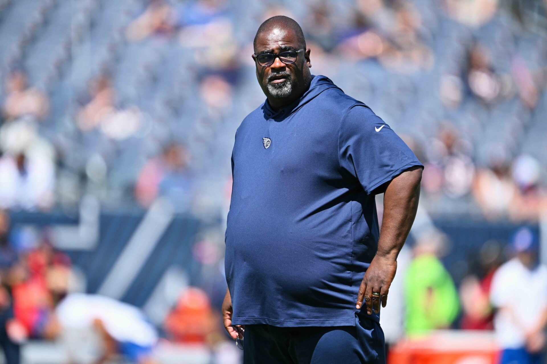 Tennessee Titans assistant head coach Terrell Williams watches his team warm up before a game against the Chicago Bears at Soldier Field.