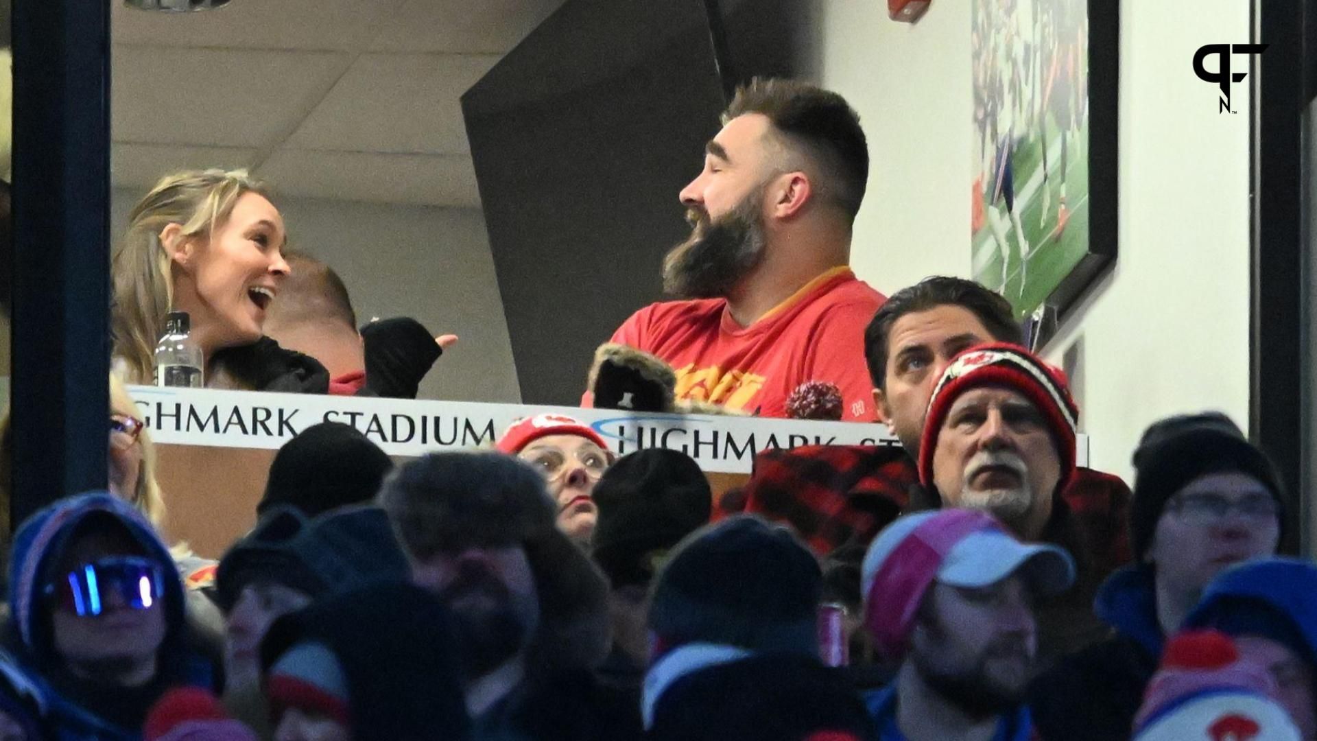 Jason Kelce (right) and Kylie Kelce (left) watch the game from the suites in the first half of the 2024 AFC divisional round game between the Buffalo Bills and the Kansas City Chiefs at Highmark Stadium.