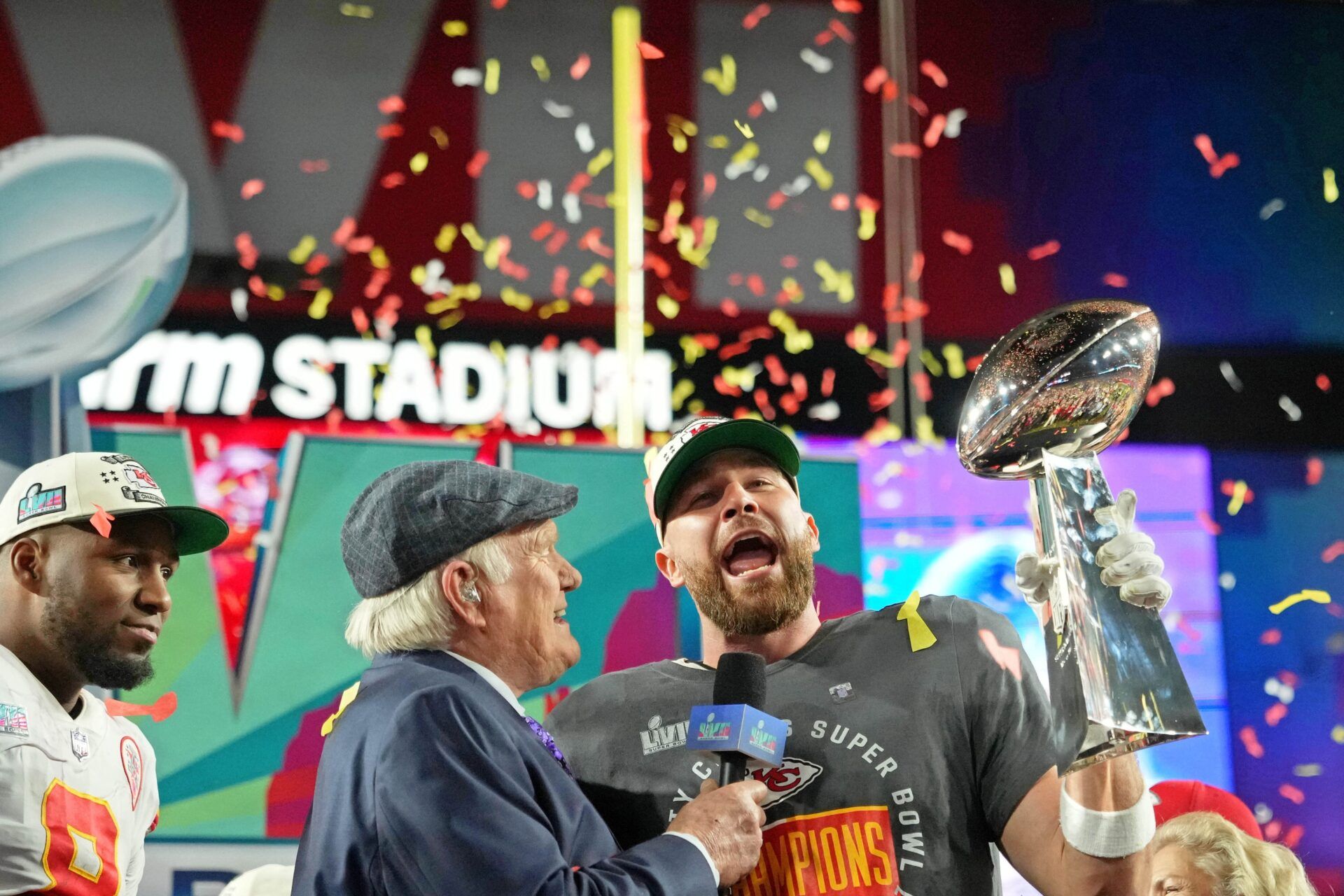 FOX Sports personality Terry Bradshaw interviews Kansas City Chiefs TE Travis Kelce (87) after he won Super Bowl LVII.