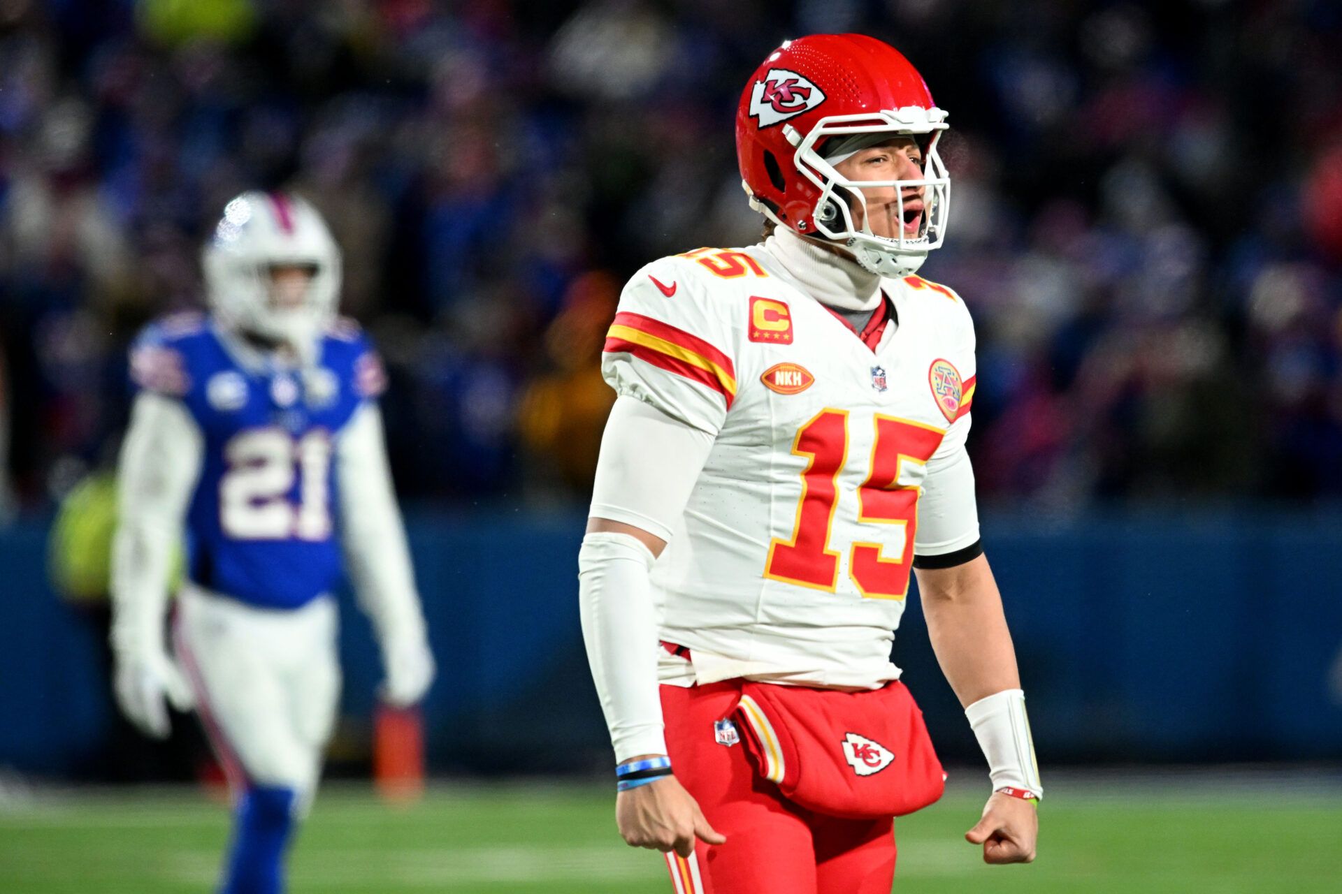 Kansas City Chiefs quarterback Patrick Mahomes (15) reacts against the Buffalo Bills in the second half of the 2024 AFC divisional round game at Highmark Stadium.