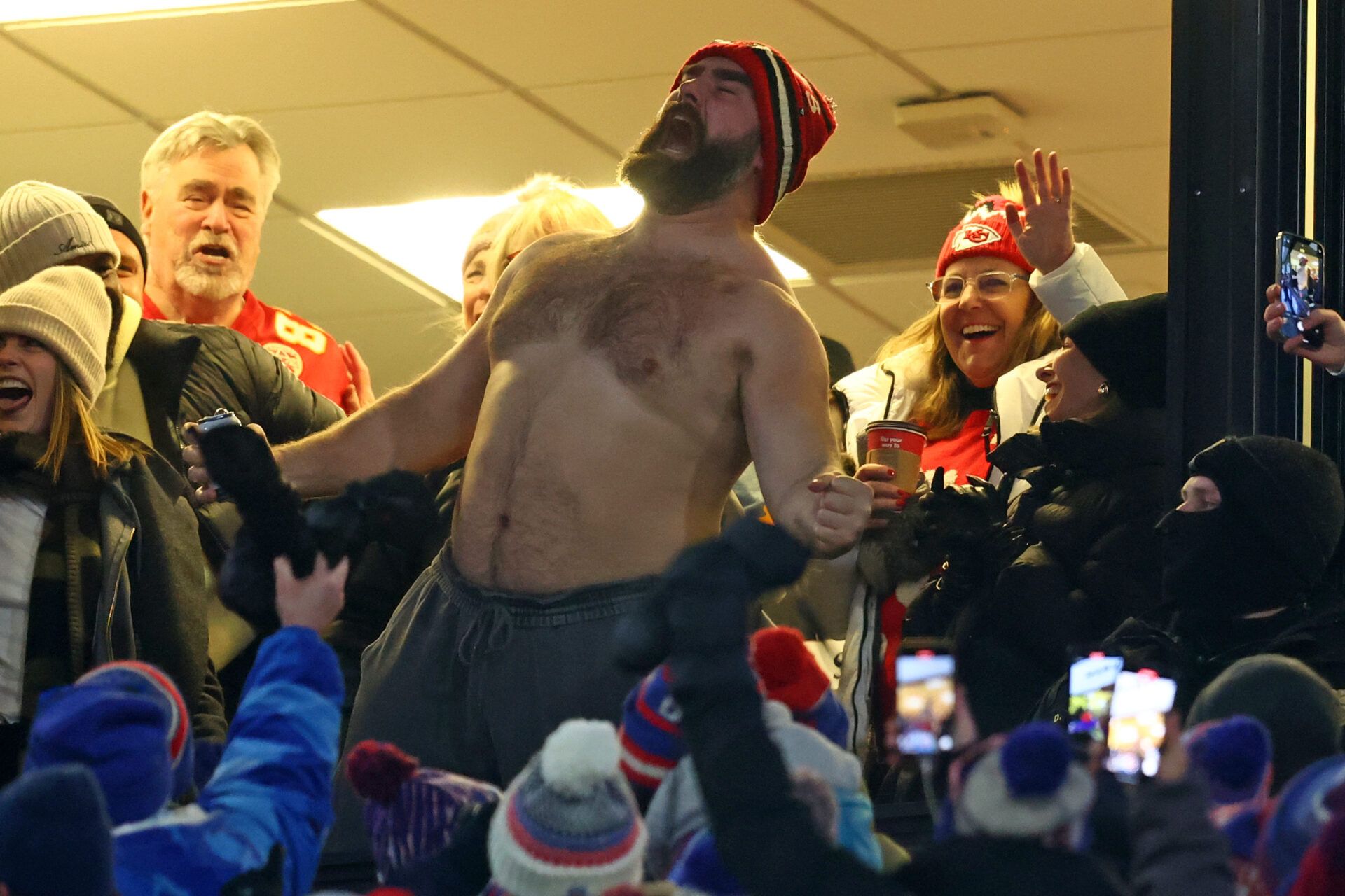 Jason Kelce reacts after the Kansas City Chiefs score against the Buffalo Bills during the first half for the 2024 AFC divisional round game at Highmark Stadium.