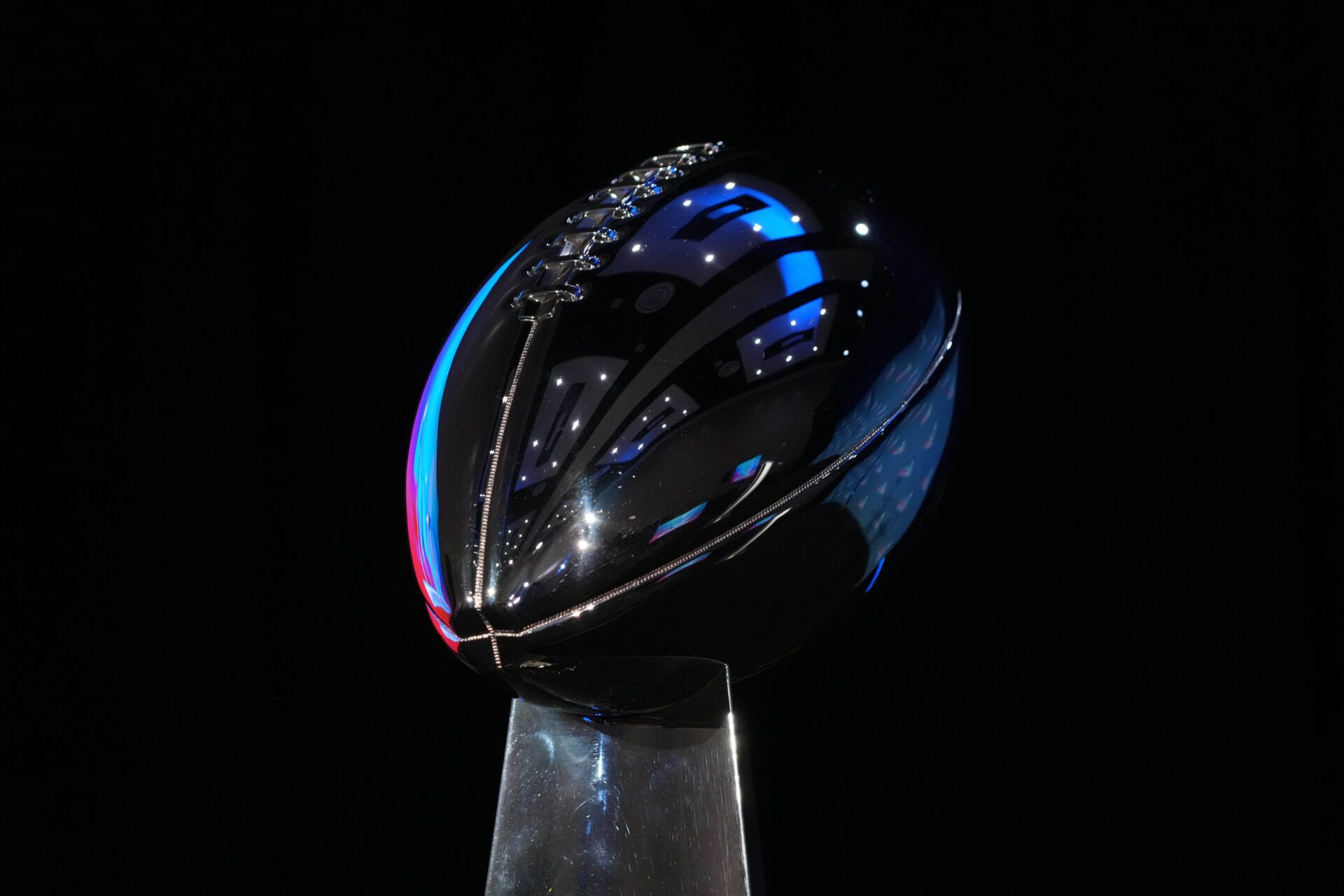 A Vince Lombardi Trophy at the Super Bowl 57 Winning Team Head Coach and MVP press conference at the Phoenix Convention Center.