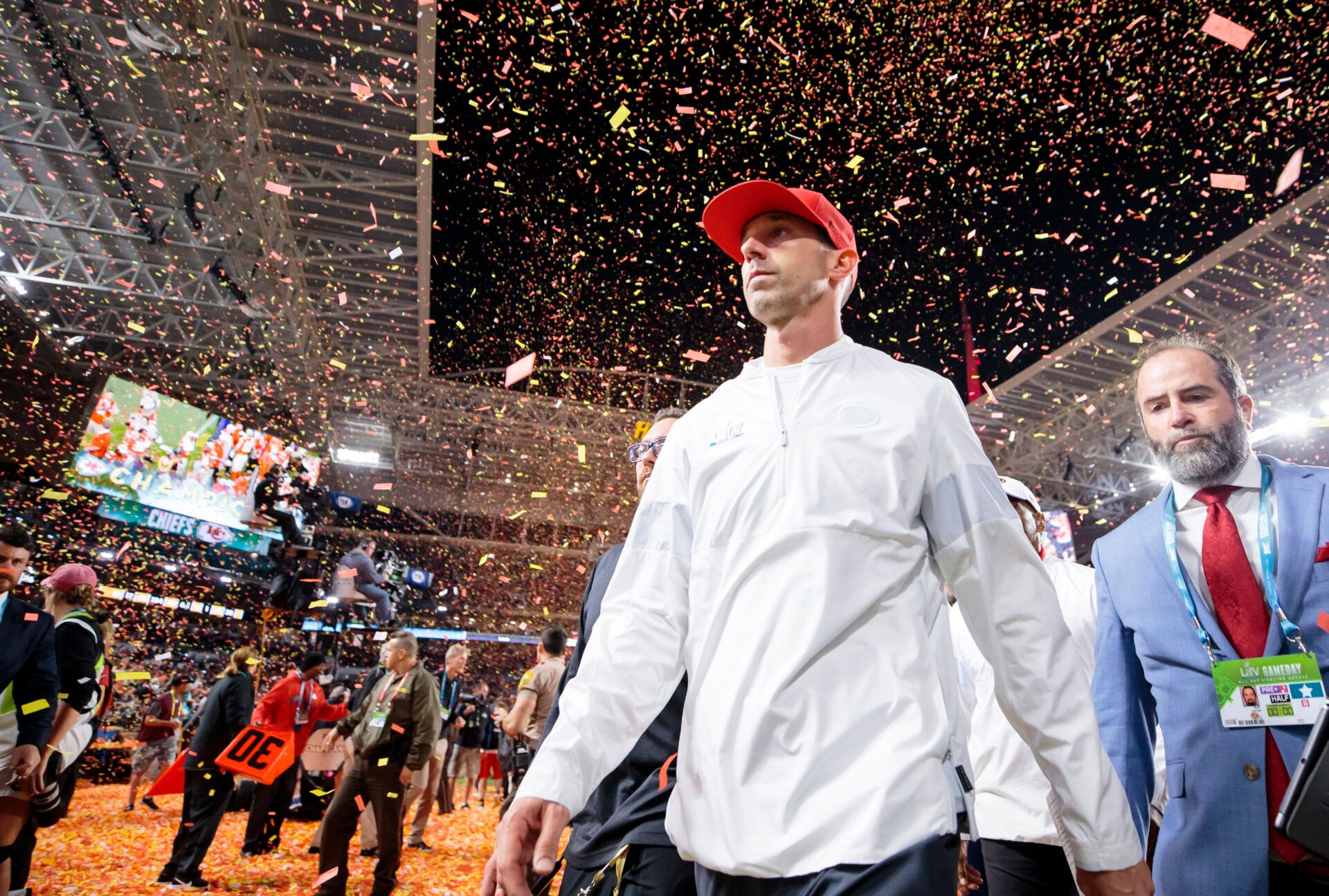 San Francisco 49ers head coach Kyle Shanahan reacts as he leaves the field after losing Super Bowl LIV to the Kansas City Chiefs at Hard Rock Stadium.