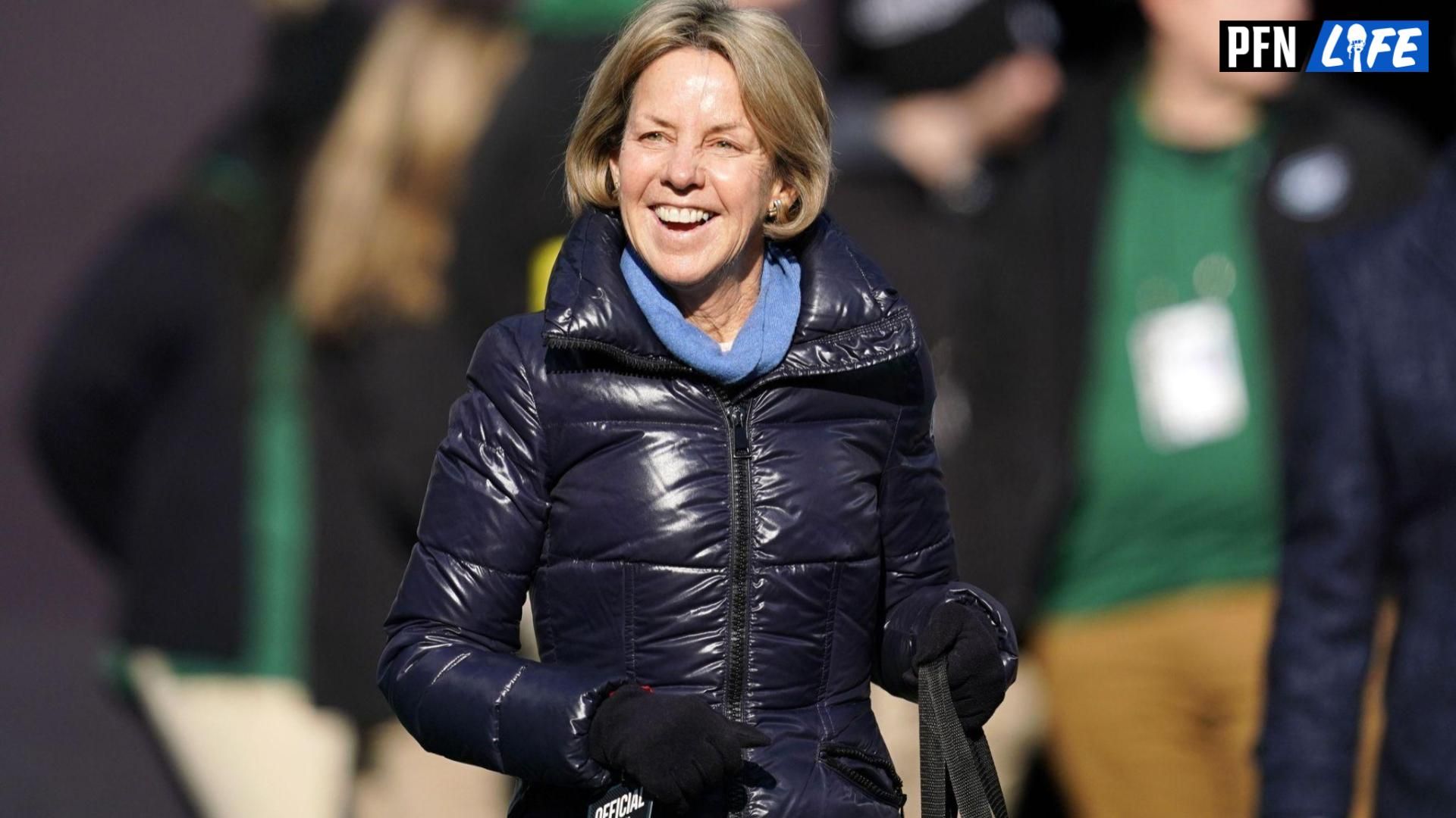 Sheila Ford Hamp, owner and chairwoman of the Detroit Lions, walks on the field for warmups before the Lions face the New York Jets in East Rutherford.