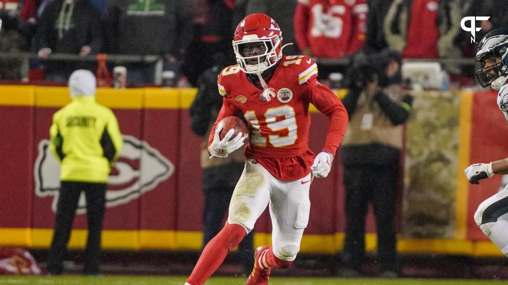 Kansas City Chiefs wide receiver Kadarius Toney (19) returns a kick against the Philadelphia Eagles during the second half at GEHA Field at Arrowhead Stadium.