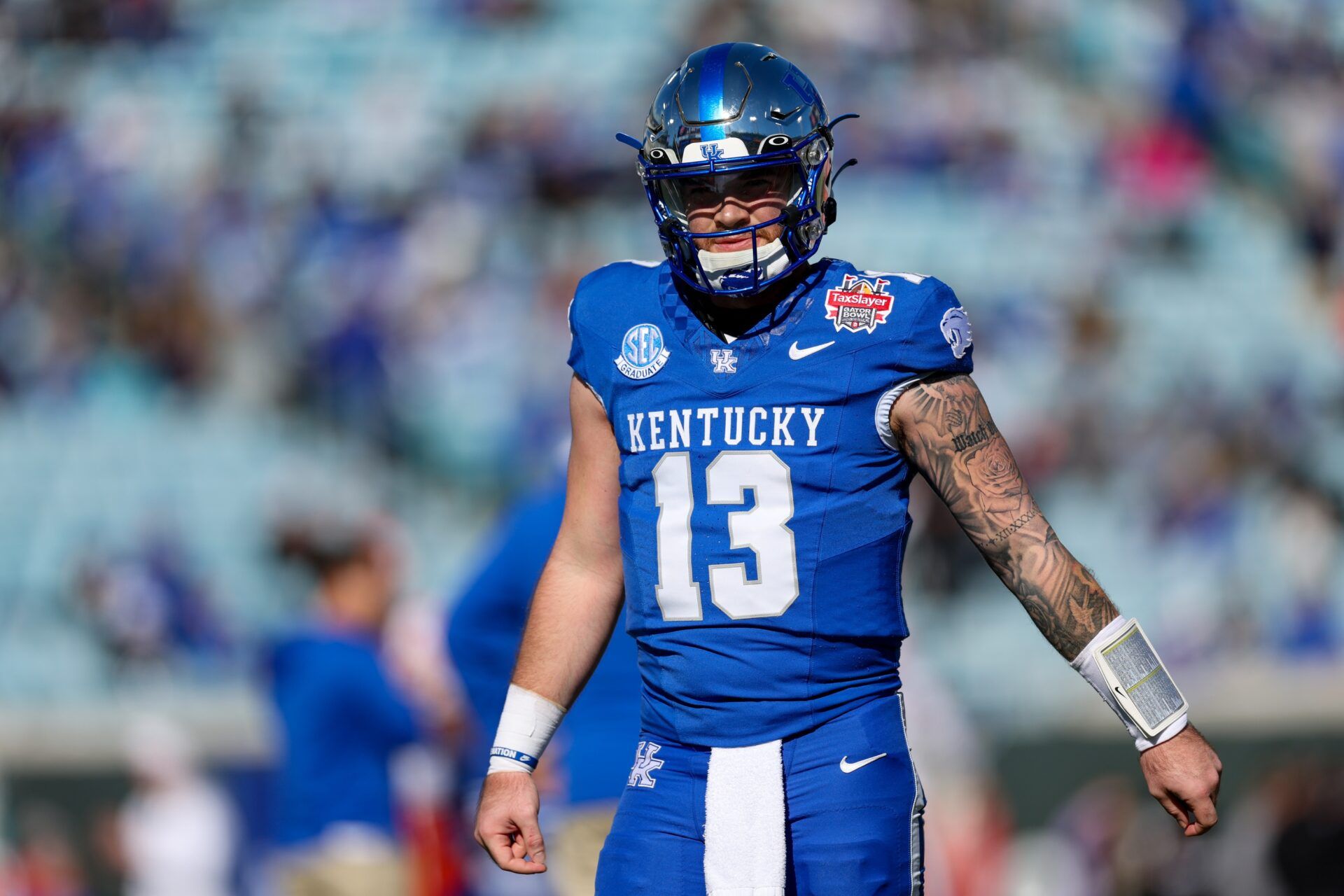 Kentucky Wildcats quarterback Devin Leary (13) warms up before a game against the Clemson Tigers the Gator Bowl at EverBank Stadium.