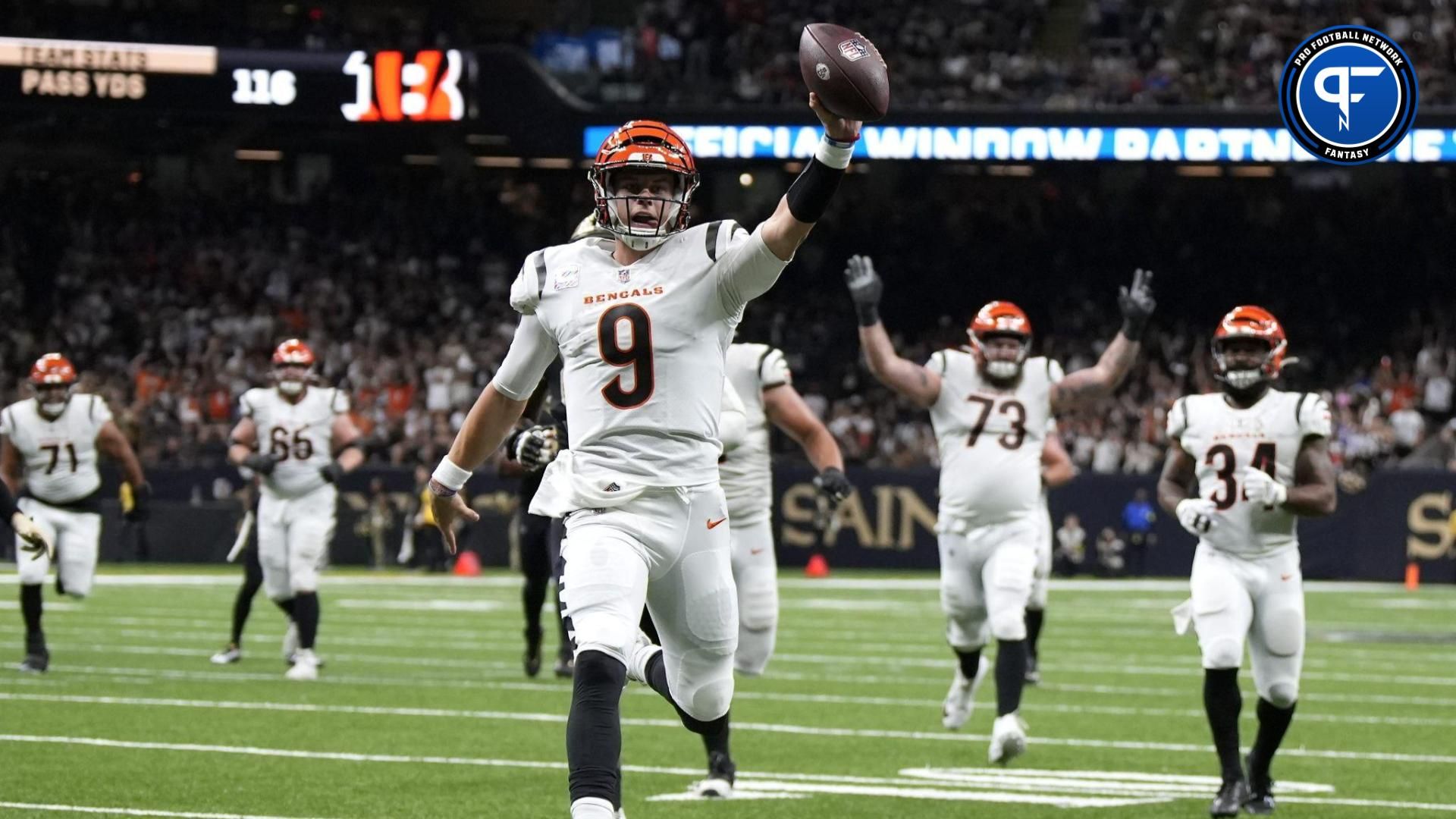 Cincinnati Bengals quarterback Joe Burrow (9) runs for a touchdown in the second quarter during an NFL Week 6 game against the New Orleans Saints, Wednesday, Oct. 6, 2021, at Caesars Superdome in New Orleans.