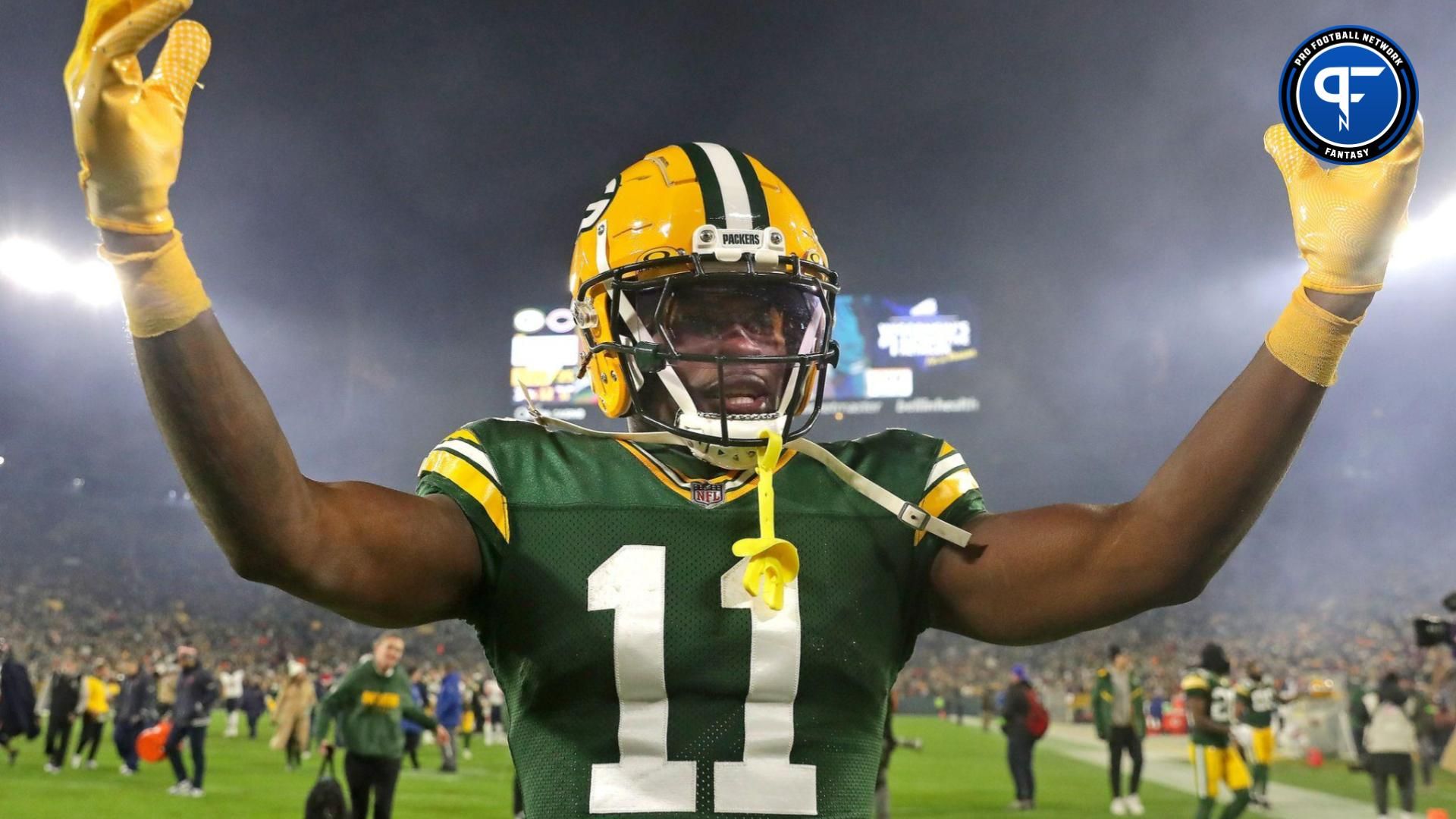 Green Bay Packers wide receiver Jayden Reed (11) celebrates a victory over the Chicago Bears during their football game at Lambeau Field.