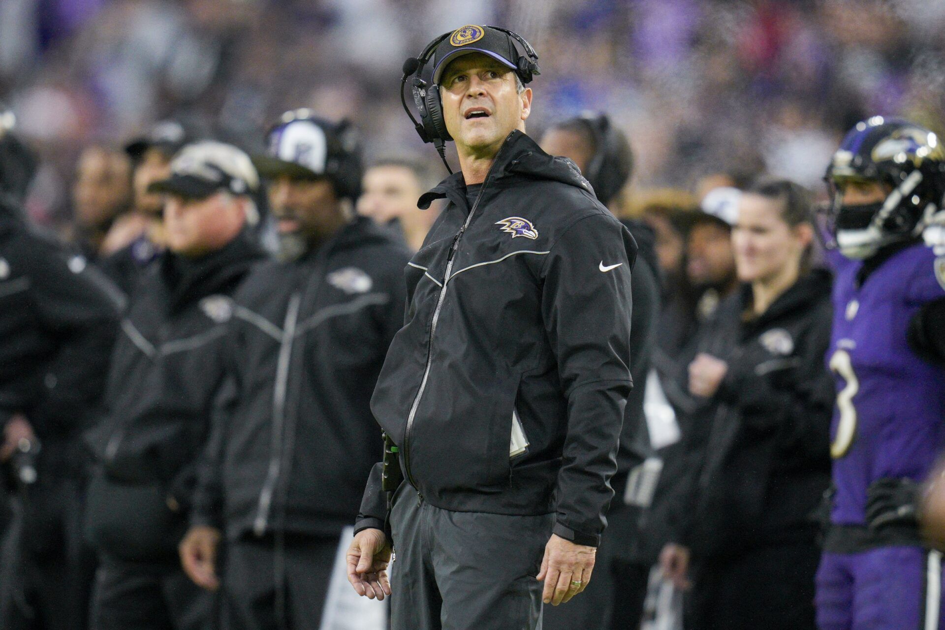 Baltimore Ravens head coach John Harbaugh looks on during the fourth quarter against the Los Angeles Rams at M&T Bank Stadium.