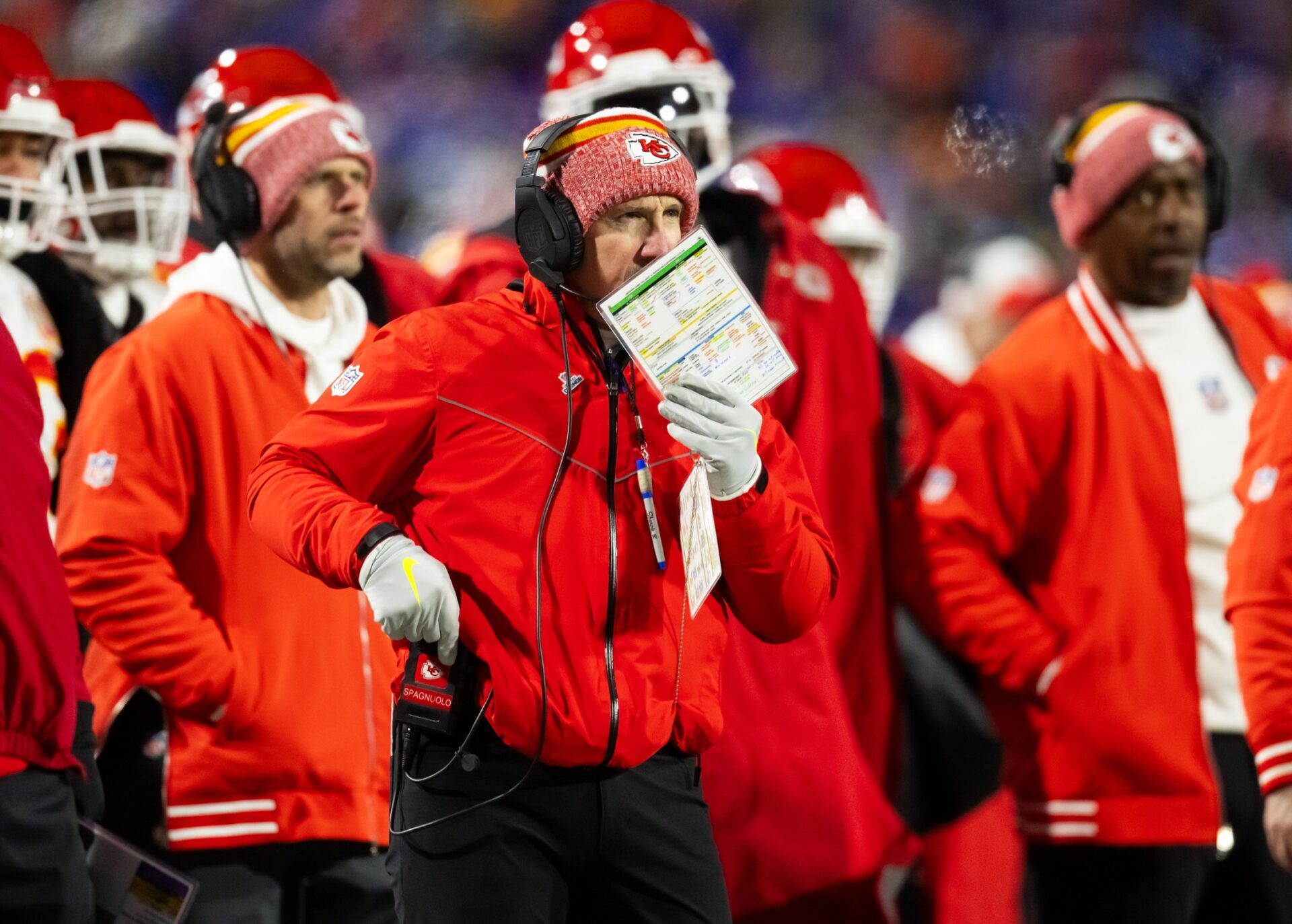 Kansas City Chiefs defensive coordinator Steve Spagnuolo during the first half for the 2024 AFC divisional round game at Highmark Stadium.