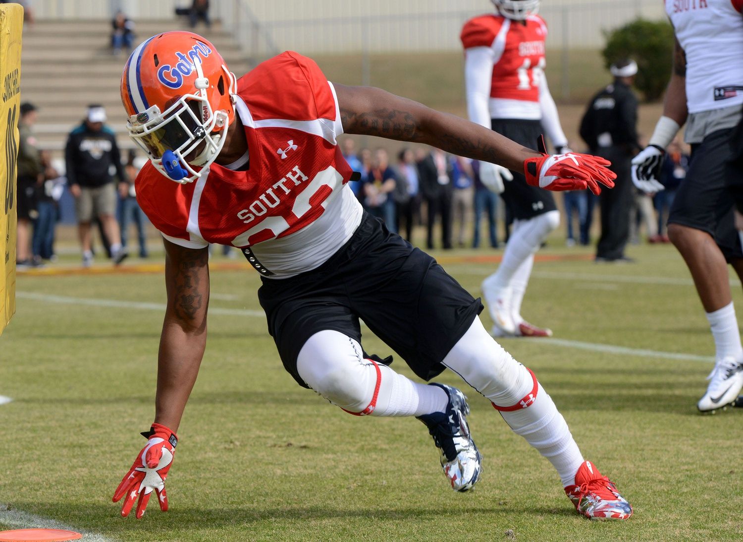 University of Florida's Jaylen Watkins practices with 2014 Reese's Senior Bowl South Team on Monday at Fairhope Municipal Stadium.