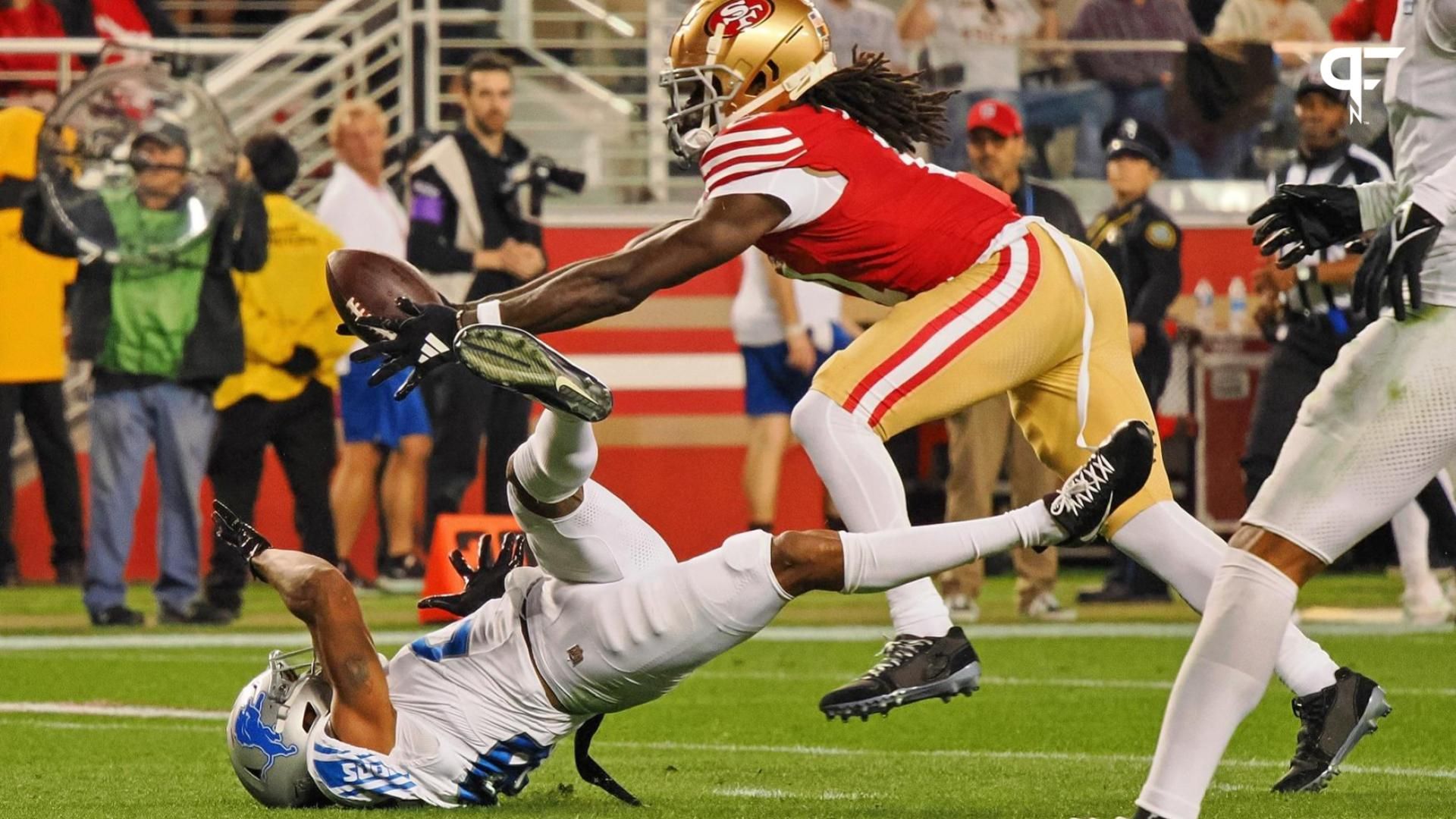 San Francisco 49ers WR Brandon Aiyuk (11) makes a catch downfield against the Detroit Lions.