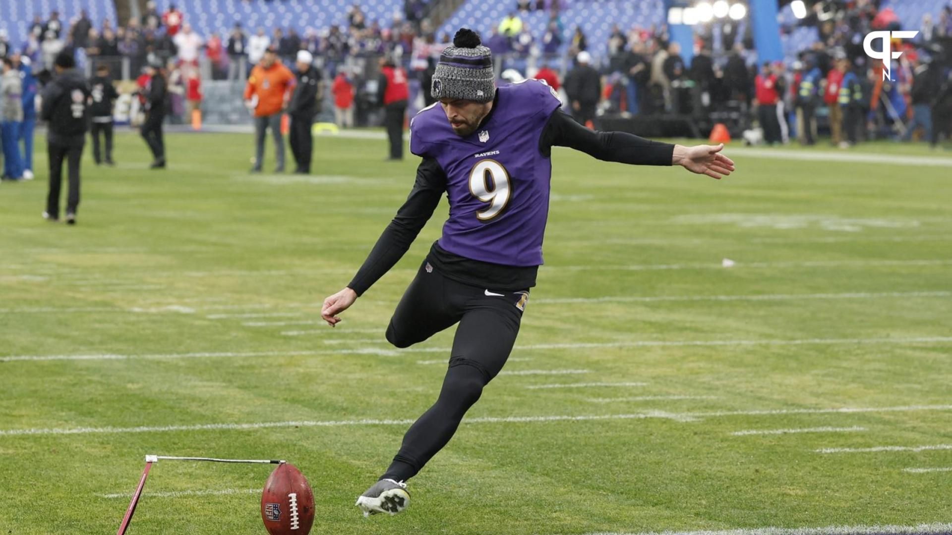 Baltimore Ravens place kicker Justin Tucker (9) warms up prior to the AFC Championship football game against the Kansas City Chiefs at M&T Bank Stadium.