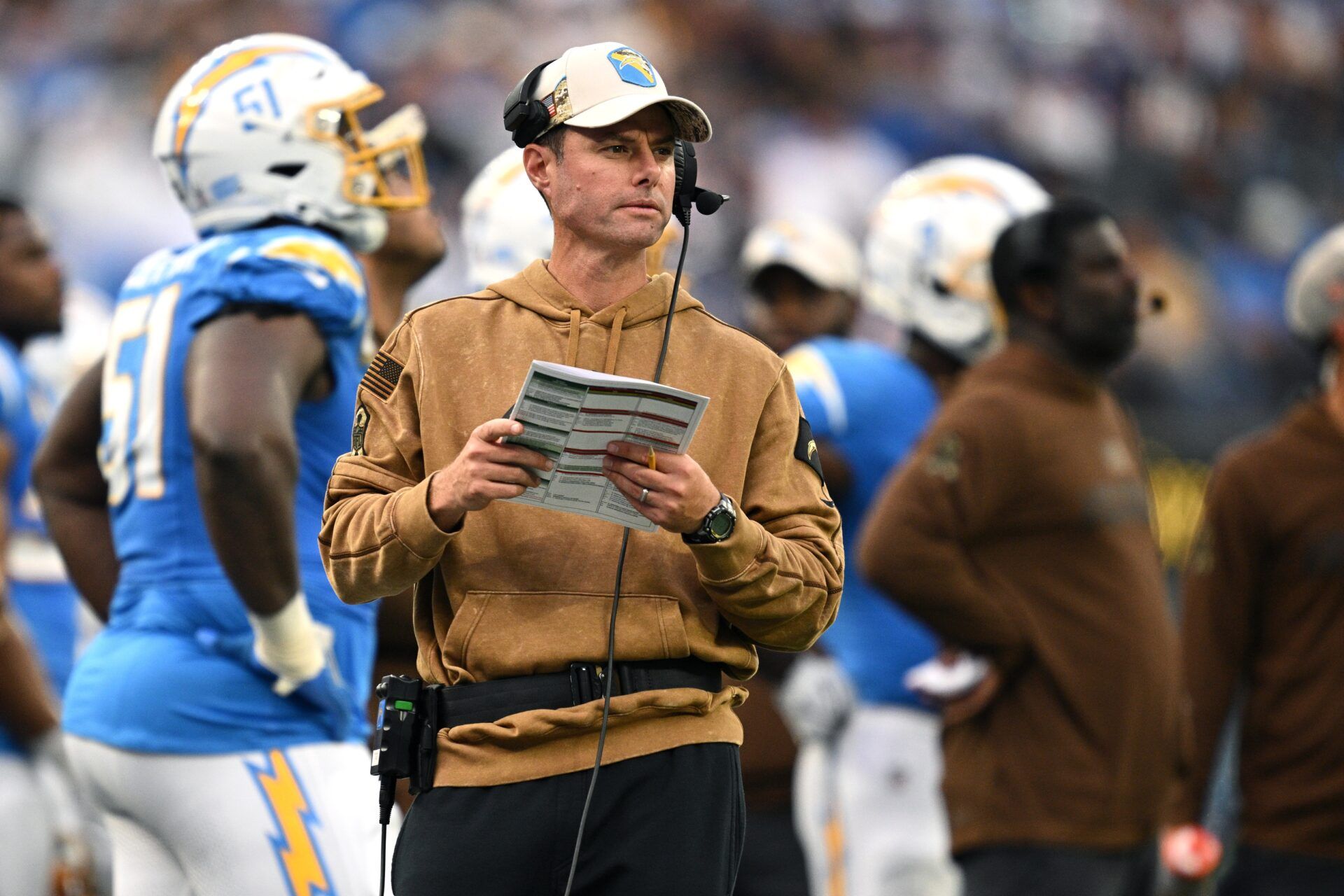 Los Angeles Chargers head coach Brandon Staley looks on during the first half against the Detroit Lions at SoFi Stadium.