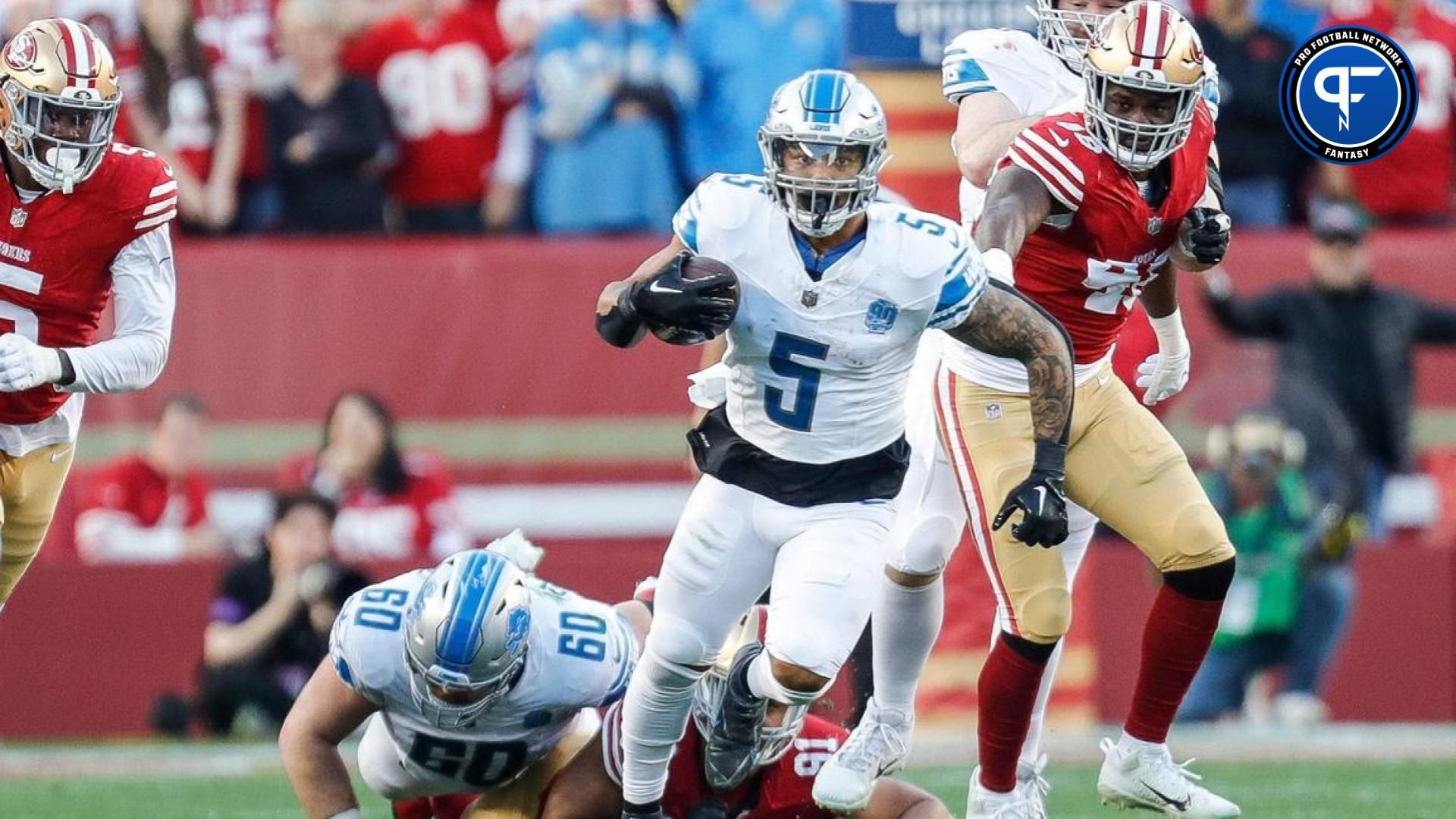 Lions running back David Montgomery runs against 49ers during the first half of the NFC championship game at Levi's Stadium in Santa Clara, California, on Sunday, Jan. 28, 2024.