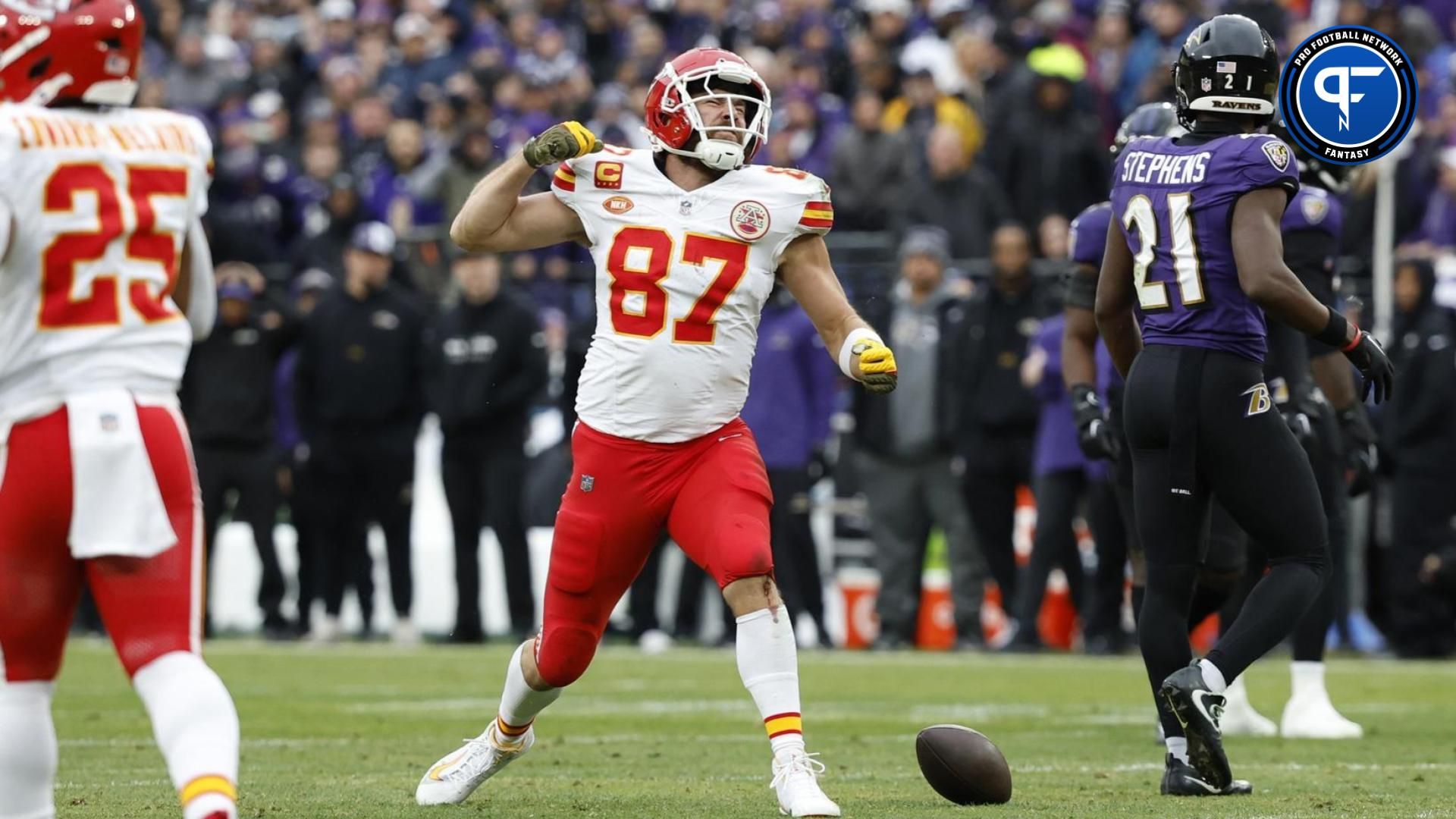 Jan 28, 2024; Baltimore, Maryland, USA; Kansas City Chiefs tight end Travis Kelce (87) celebrates on the field after a play against the Baltimore Ravens during the first half in the AFC Championship football game at M&T Bank Stadium.