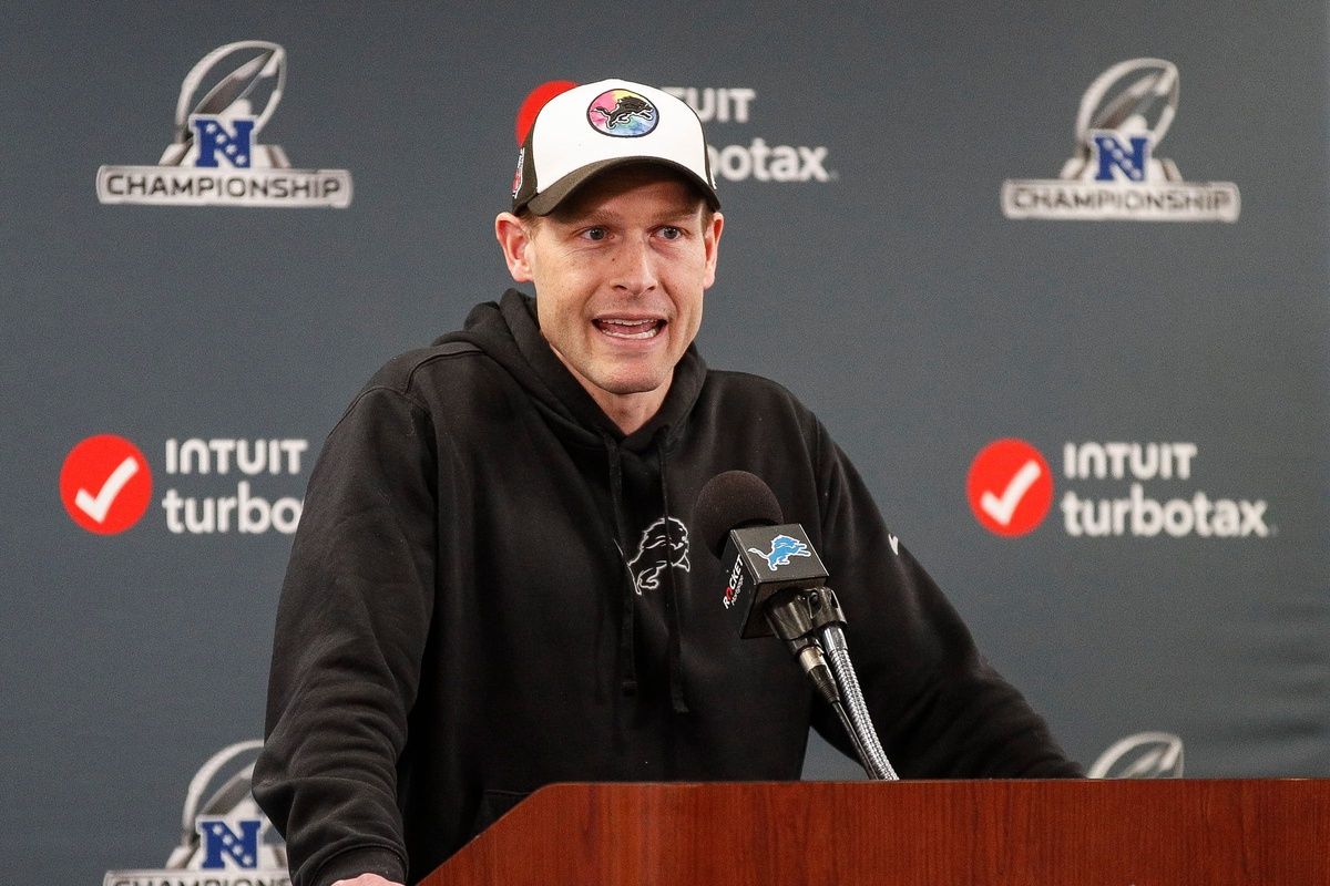 Detroit Lions offensive coordinator Ben Johnson speaks at Detroit Lions headquarters and training facility in Allen Park on Thursday, Jan. 25, 2024.