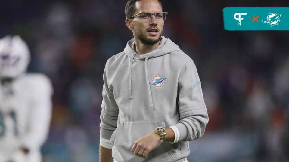 Miami Dolphins head coach Mike McDaniel looks on from the field prior to the game against the Buffalo Bills at Hard Rock Stadium.