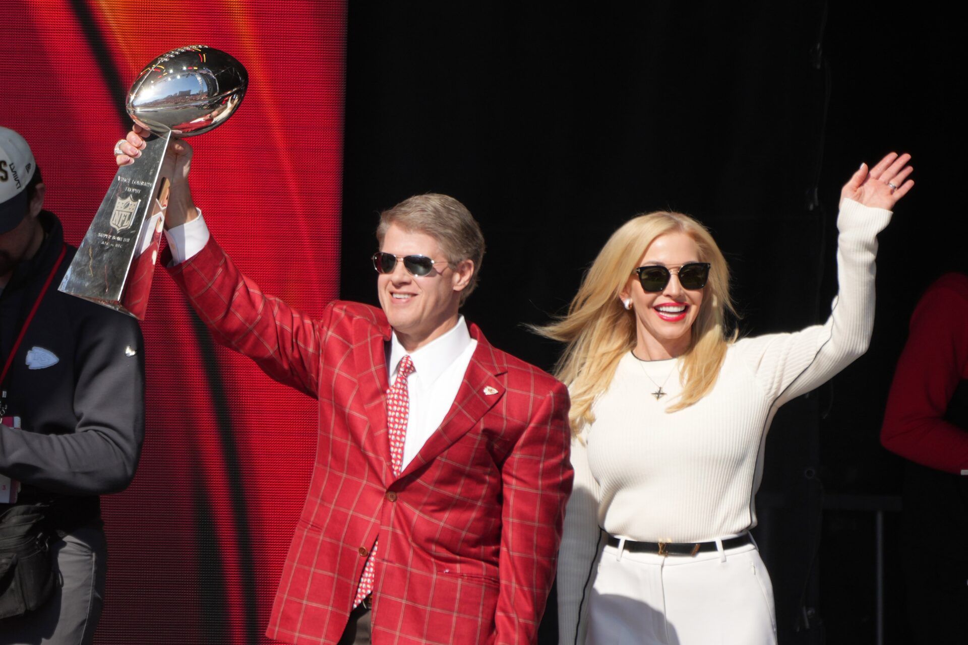 Kansas City Chiefs owner Clark Hunt and wife Tavia Hunt during the celebration of the Kansas City Chiefs winning Super Bowl LVIII.