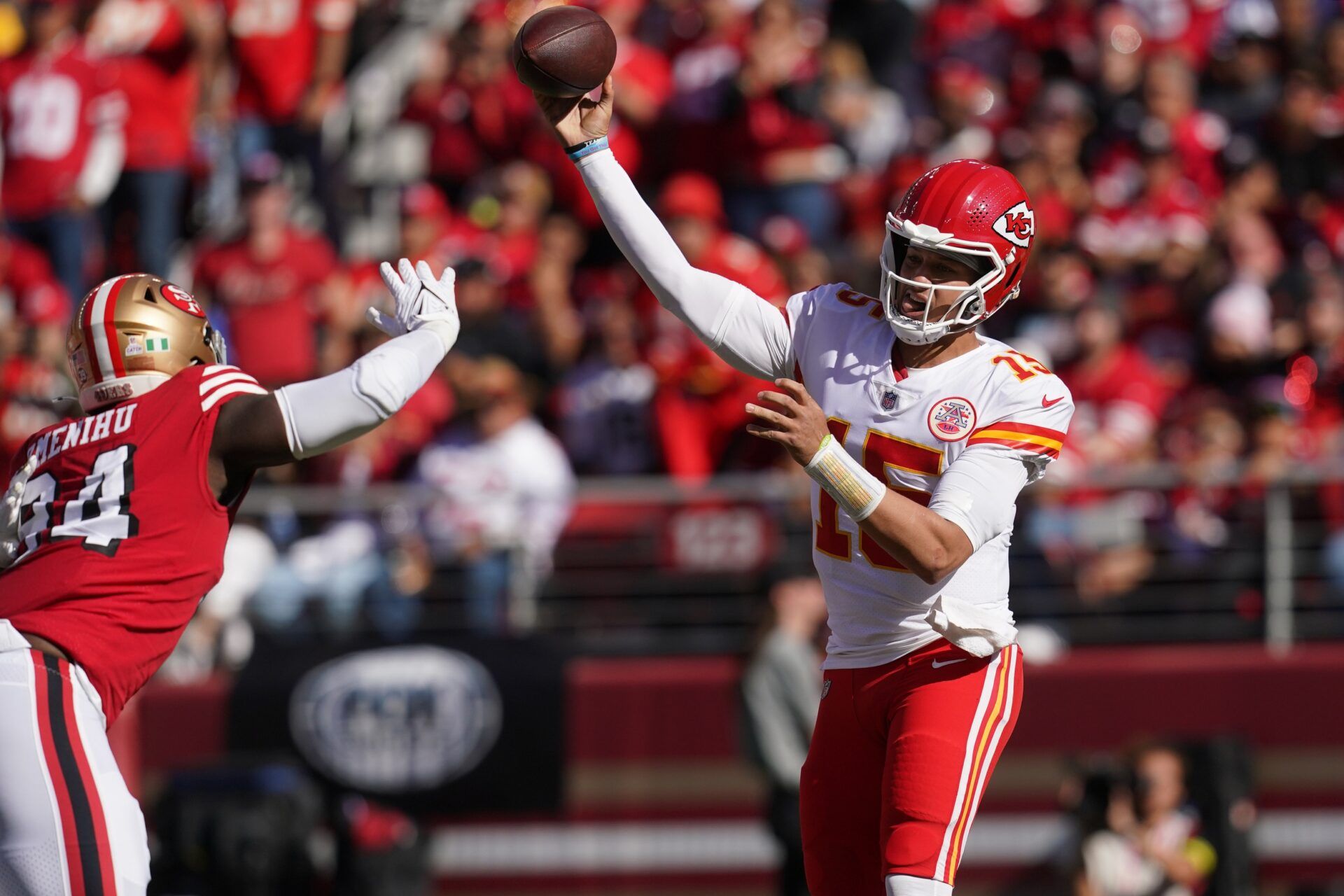 Kansas City Chiefs QB Patrick Mahomes (15) throws a pass against the San Francisco 49ers.