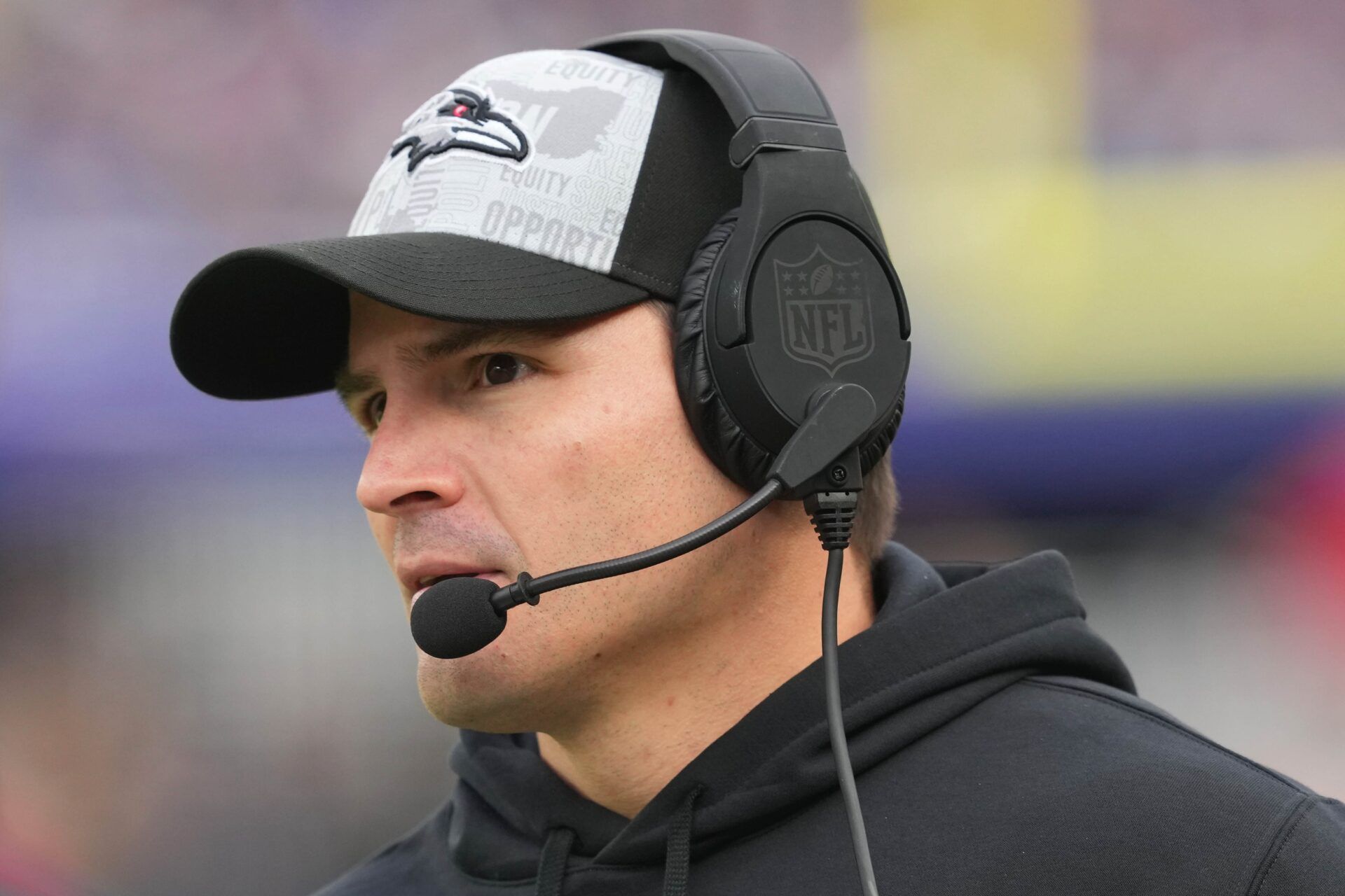 Dec 31, 2023; Baltimore, Maryland, USA; Baltimore Ravens defensive coordinator Mike Macdonald on the sidelines during the third quarter against the Miami Dolphins at M&T Bank Stadium. Mandatory Credit: Mitch Stringer-USA TODAY Sports