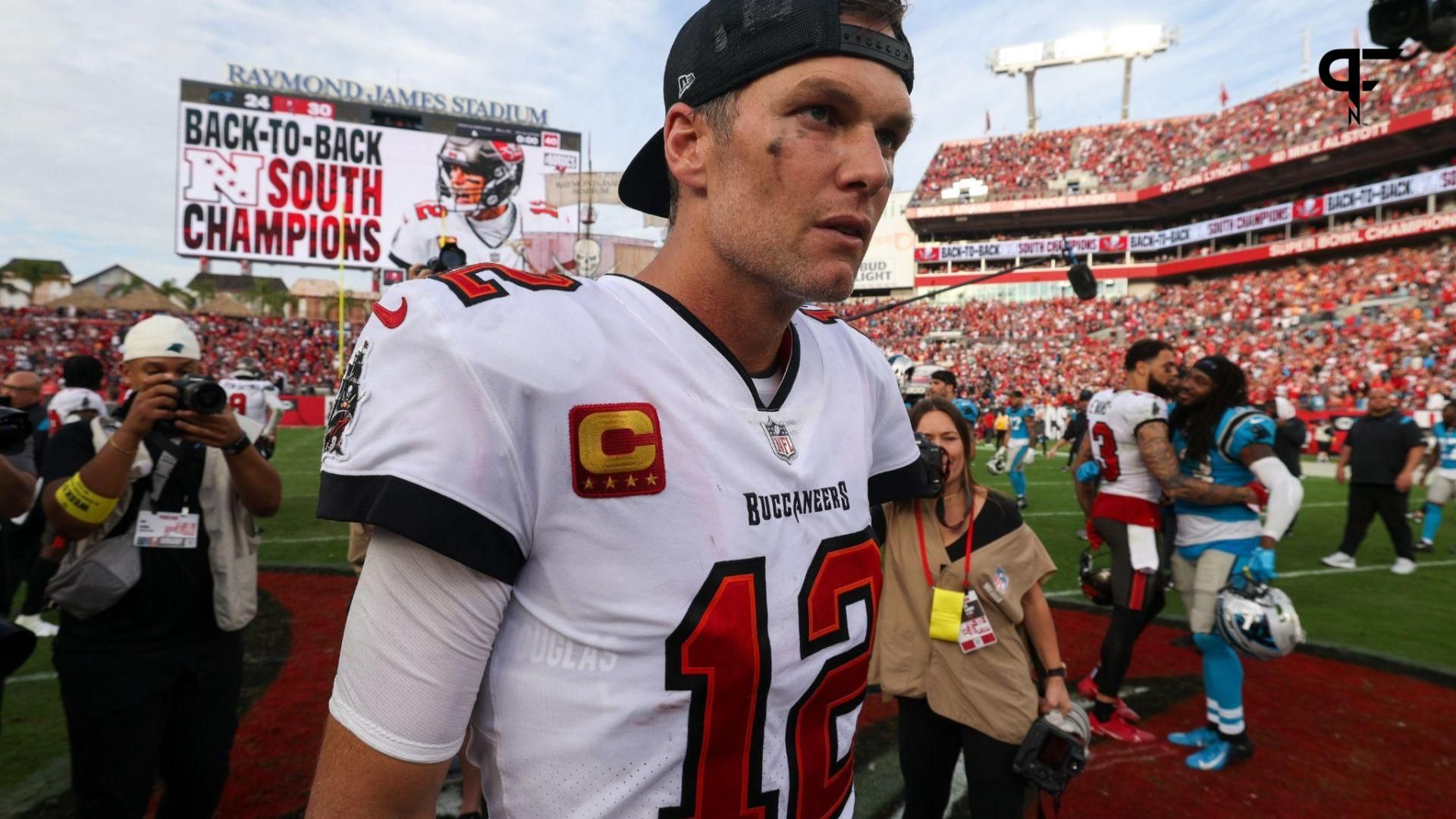 Tampa Bay Buccaneers quarterback Tom Brady (12) celebrates after beating the Carolina Panthers at Raymond James Stadium.