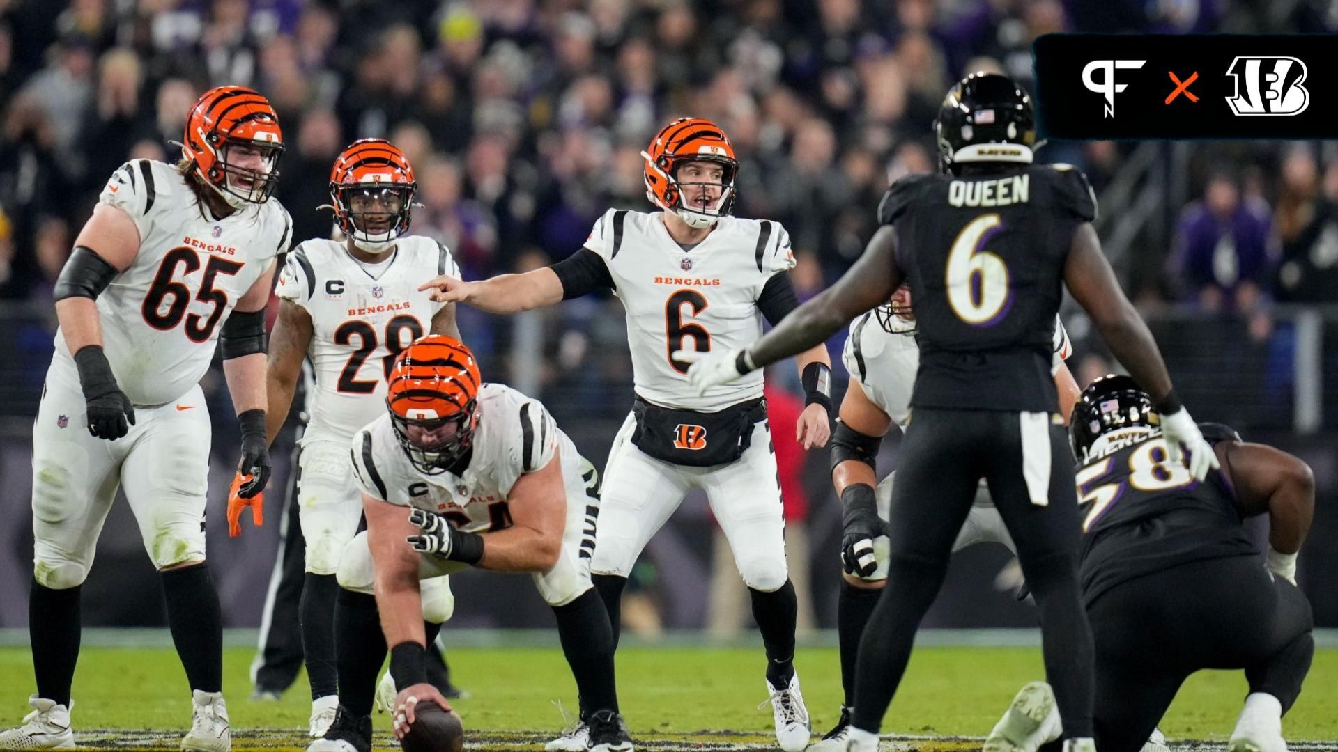 Cincinnati Bengals quarterback Jake Browning (6) calls out on the line in the second quarter against the Baltimore Ravens at M&T Bank Stadium.