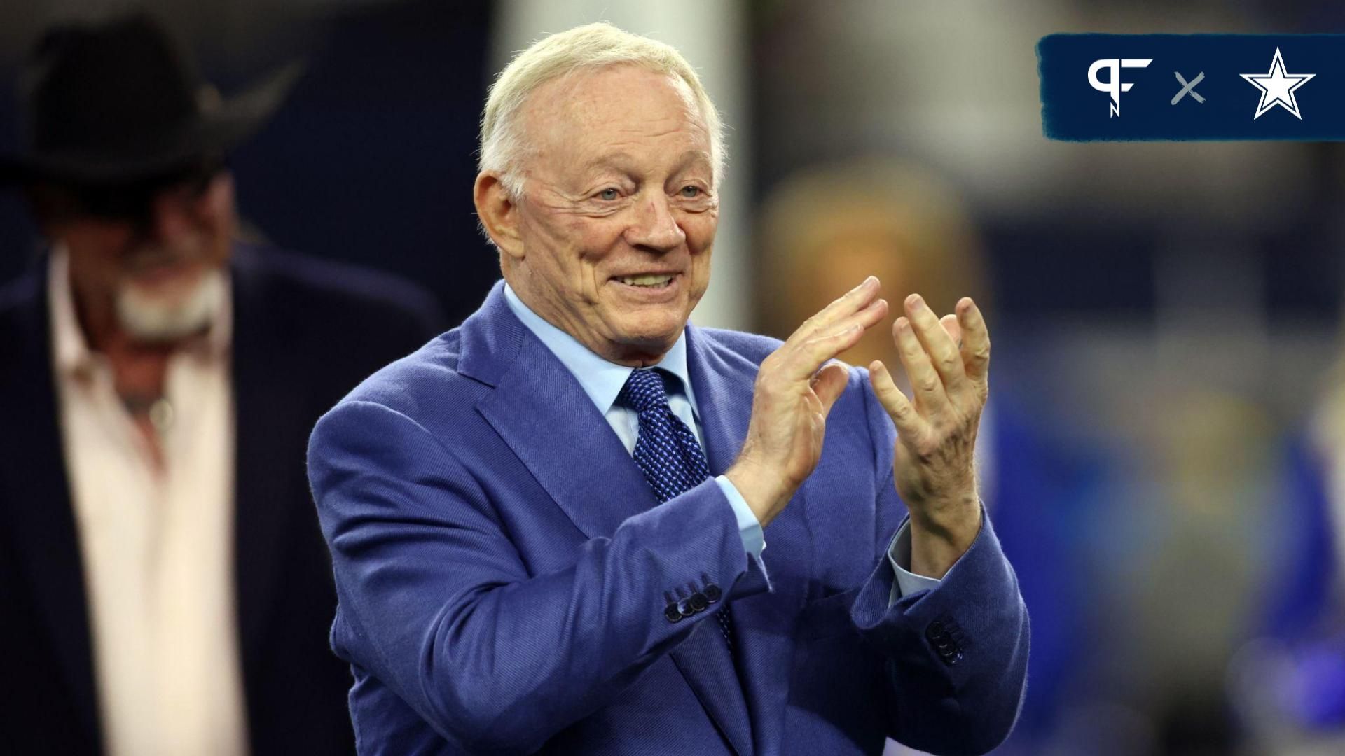 Dallas Cowboys owner Jerry Jones applauds during the Ring of Honor induction ceremony at half time in the game against the Detroit Lions at AT&T Stadium.