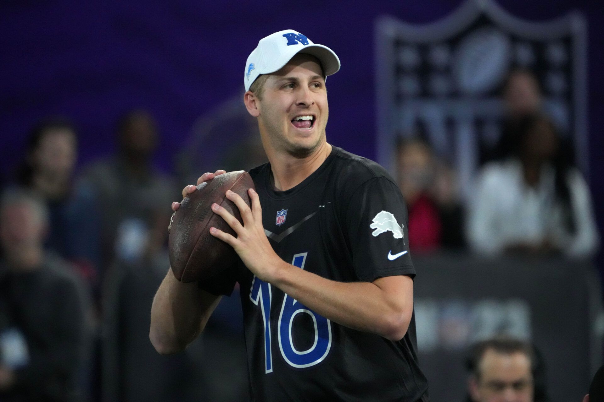 Detroit Lions quarterback Jared Goff (16) throws during the Pro Bowl Skills competition at the Intermountain Healthcare Performance Facility.